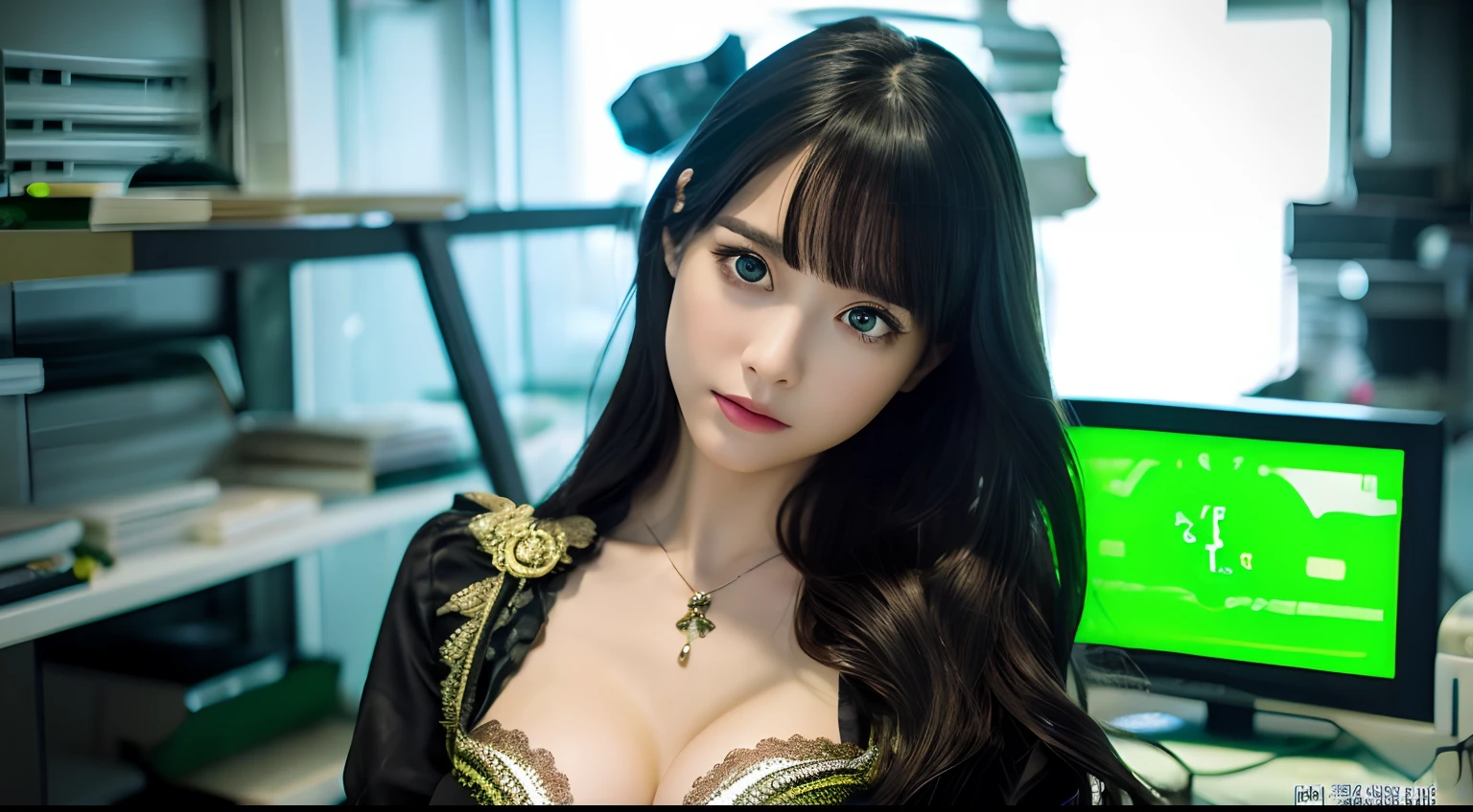 top-quality、​masterpiece、超A high resolution、(Photorealsitic:1.4)、Raw photo、女の子1人、Black hair、glowy skin、1 Mechanical Girl、((super realistic details))、portlate、Global Illumination、Shadow、octan render、8K、ultrasharp、Colossal tits、Raw skin is exposed in cleavage、metals、Details of complex ornaments、face perfect、Gothic Lolita details、Analog Meter、Hydraulic cylinder、highly intricate detail、Realistic light、CGSoation Trends、green colored eyes、radiant eyes、Facing the camera、neon details、Mechanical limbs、sitting on、Small LED lamp、Image of AI、The background is a server room、TOKYOcty、jpn、