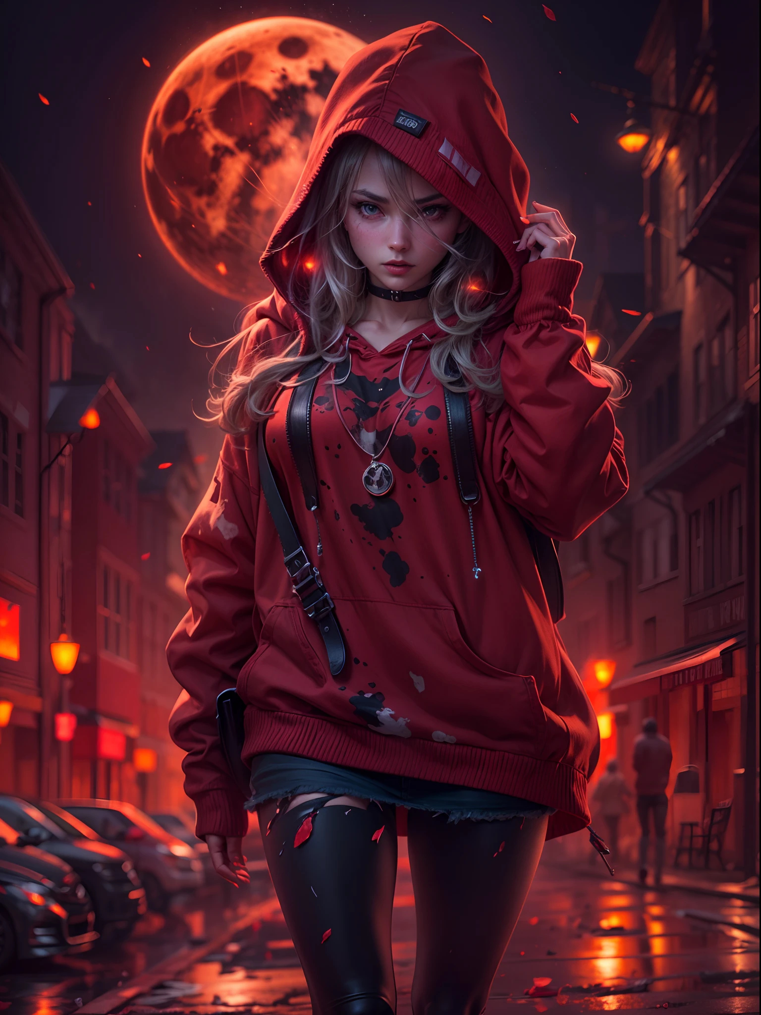 A Vampire girl,full body,dynamic poses,red hoody,blood splatters,detailed art,full red moon,horror night,cinematic light,(best quality,4k,8k,highres,masterpiece:1.2),ultra-detailed,(realistic,photorealistic,photo-realistic:1.37),portraits,landscape,horror,anime,sci-fi,photography,concept artists,vivid colors,bokeh,fiery red lighting.