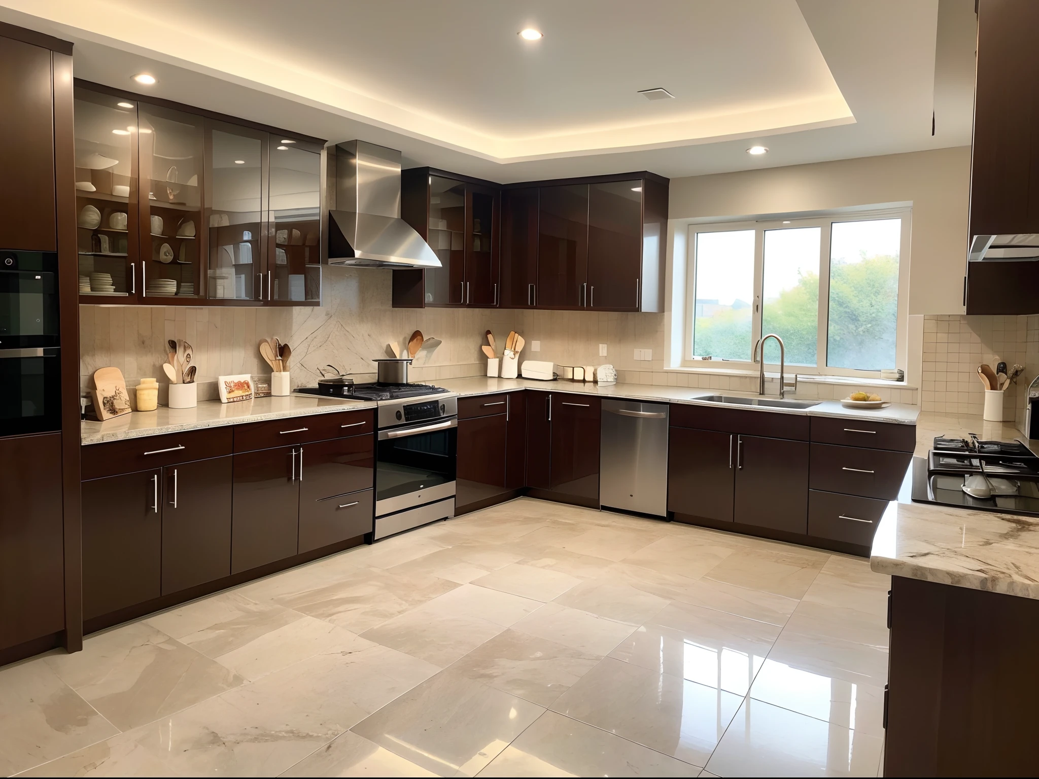 (best quality,4k,8k,highres,masterpiece:1.2),ultra-detailed,(realistic,photorealistic,photo-realistic:1.37),kitchen is the heart of home, granite countertops, shiny, high-end kitchen utensils neatly arranged in the cabinets, every detail exudes delicacy and luxury, soft and bright lighting in the cooking area, steaming delicious food, tempting aroma fills the air, spacious and practical storage space, everything one needs, no worries about clutter, cooking delicious dishes in this cozy kitchen, enjoying the warmth and happiness of family, looking forward to mouth-watering dishes.