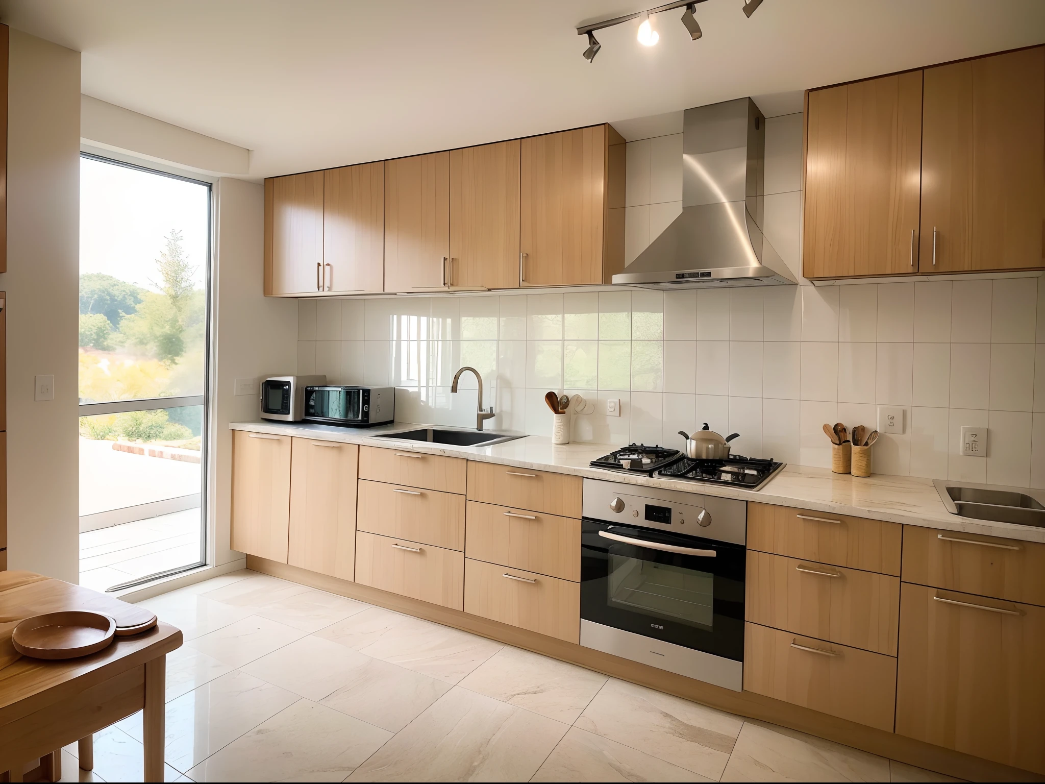 (best quality,4k,8k,highres,masterpiece:1.2),ultra-detailed,(realistic,photorealistic,photo-realistic:1.37),kitchen is the heart of home, granite countertops, shiny, high-end kitchen utensils neatly arranged in the cabinets, every detail exudes delicacy and luxury, soft and bright lighting in the cooking area, steaming delicious food, tempting aroma fills the air, spacious and practical storage space, everything one needs, no worries about clutter, cooking delicious dishes in this cozy kitchen, enjoying the warmth and happiness of family, looking forward to mouth-watering dishes.