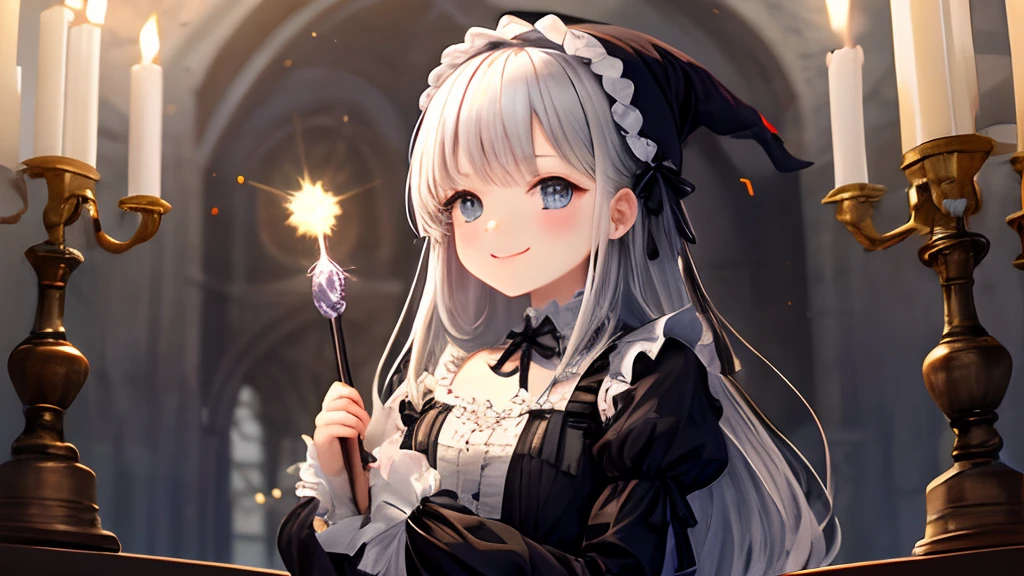 girl with、sorcerer、the witch、With background、stele、Magical powers、kirakira、The Bible is lined up、Bible、jug、Gothic lolita、Dresses with ruffles、Holding a wand、Smiling、A black、kawaii