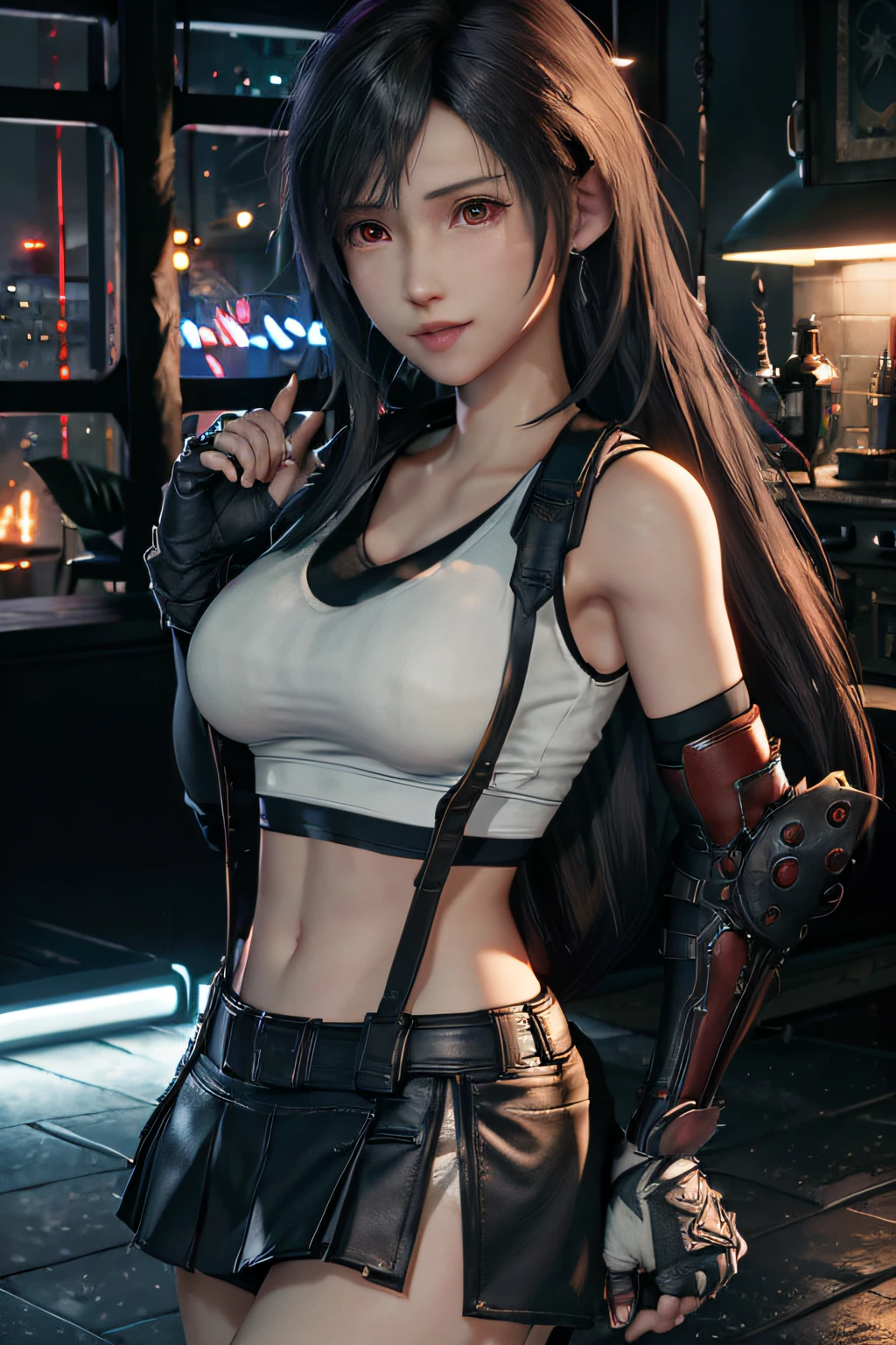 (8K, Best Quality, Masterpiece: 1.2), (Realistic, Photorealistic: 1.37), Super Detail, One Girl, Cute, Solo, (Tifa Lockhart), (Small Breasts), (Beautiful Eyes), (Smile: 1.2), (Closed), Erotic Pose, Dance, Neon, Cityscape, Depth of Field, Dark Strong Shadows, Sharp Focus, Car, Motion Blur, Motorbike, depth of field, composition, glowing green, final fantasy vii, date, (nose brush), single elbow pads, ankle boots, black hair, black skirt, black thighs, red boots, elbow gloves, elbow pads, fingerless gloves, taut shirt, sports bra, (suspender black skirt), thigh, white tank top, full body, headrest, lips, beautiful face, low tie long hair, (red_eyes)), yellow flowers, (night: 1.3), complex, bokeh, cinematic lighting, photon mapping, radiosity, physically based rendering, (Tetsuya Nomura style)
