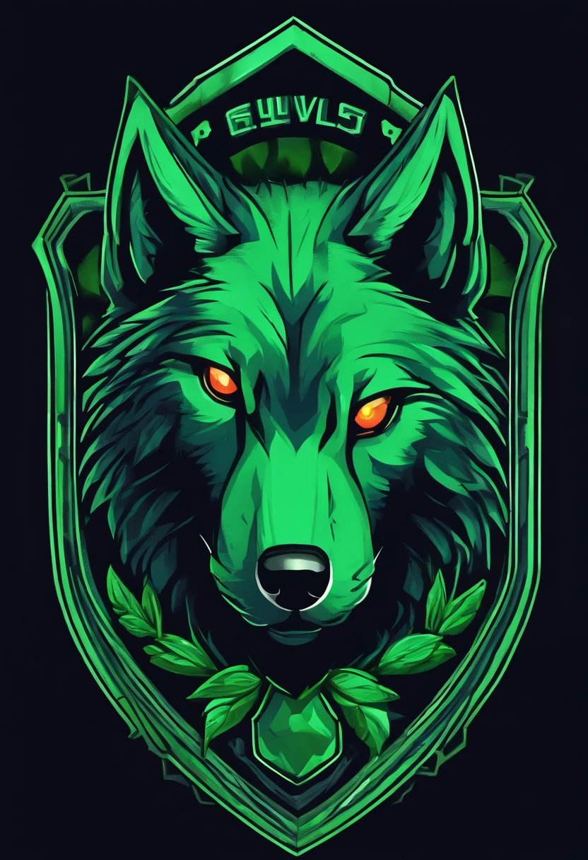 Detailed illustration of facing wolves,magic, Esports, glowing green, howling, Shield logo, #69E200 Hex, Dark blue second color,  Football logo, Dark, Doodle, T-shirt design, in the style of Studio Ghibli, pastel tetradic colors, 3D vector art, Cute and quirky, Fantasy art, glowing green, Football esports, Adobe illustrator, Hand-drawn, Digital painting, Minimalist, low poly, Soft lighting, bird's eyes view, Isometric style, retro aesthetic, focus on the character, 4K 分辨率, Photorealistic rendering, using Cinema 4D