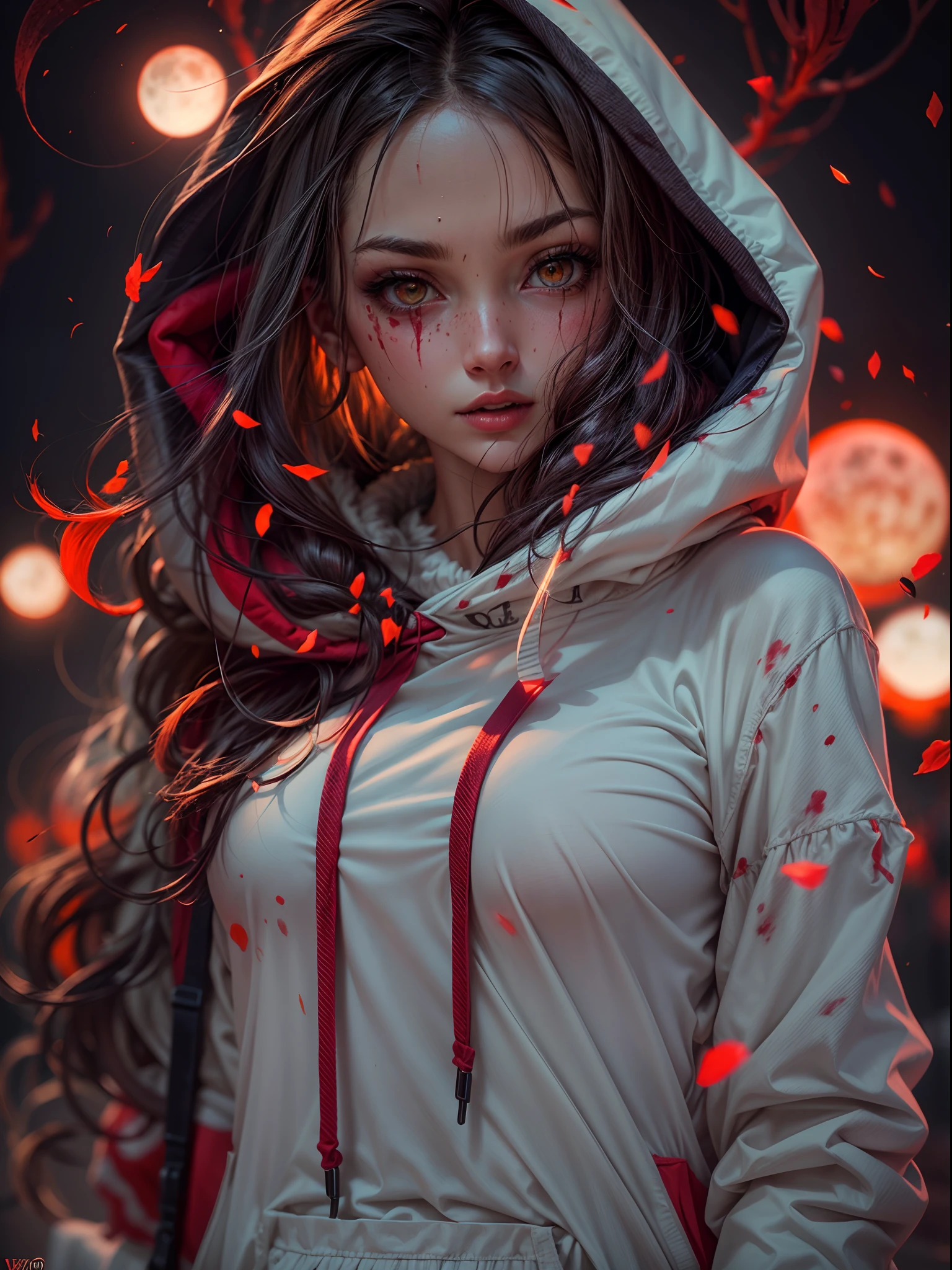A Vampire girl,vampire jaws,vampire diaries,full body,dynamic poses,red hoody,blood splatters,detailed art,full red moon,horror night,cinematic light,(best quality,4k,8k,highres,masterpiece:1.2),ultra-detailed,(realistic,photorealistic,photo-realistic:1.37),portraits,landscape,horror,anime,sci-fi,photography,concept artists,vivid colors,bokeh,fiery red lighting.