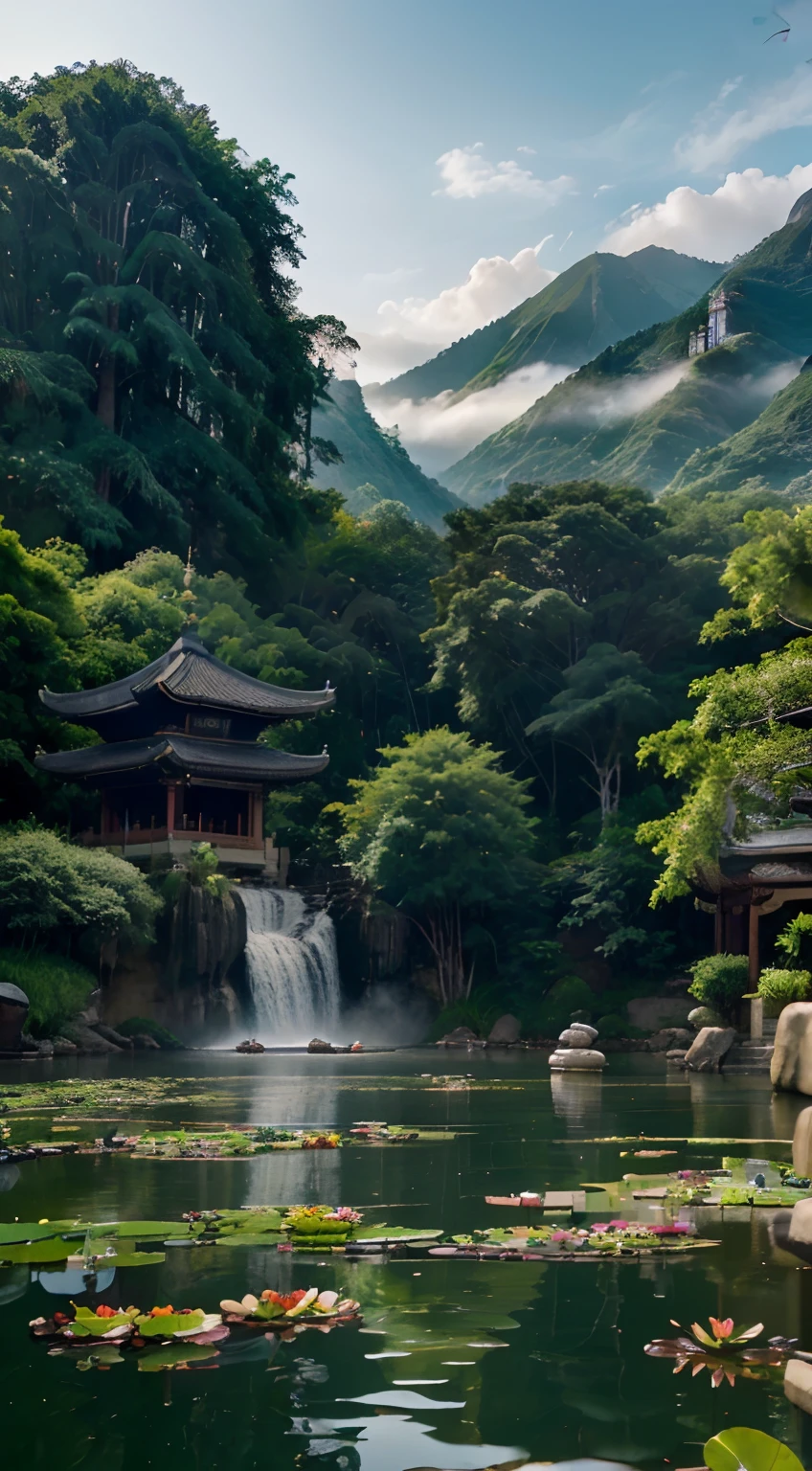 real rendering,The interior is brightly lit,Outdoors during the day,Don't look at the night view,Best quality at best,highly detailed,tmasterpiece,ultra - detailed,extremely detailed CG unity 8k wal,tmasterpiece,best qualityer,Chinese martial arts style,There are water lilies,There are lanterns,There are boats in the water,Lake surface,lotuses,The beautiful,(( (Chinese martial arts style))), The sky is vast, Even the mountain cliffs, ink wash style, Contour light, Atmospheric atmosphere, depth of fields, The fog rises, bamboos, pines, Octagonal stone pavilion, Flying waterfalls,