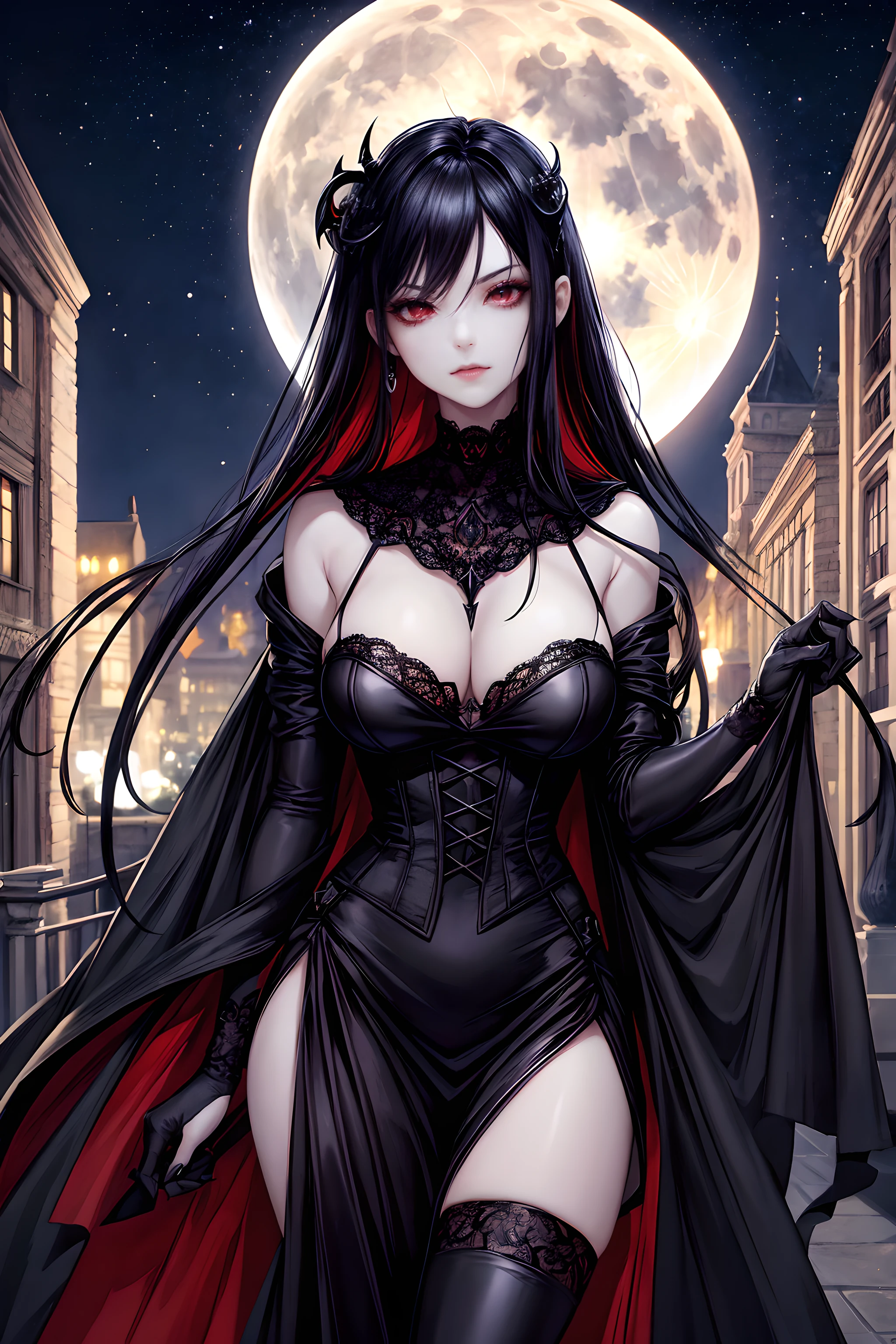 "For the composition, create a breathtaking scene atop a moonlit skyscraper's rooftop. The moon should cast eerie, silvery light, casting long shadows and creating a sense of mystery and allure. Utilize dynamic angles to highlight the depth and height of the setting. Character: Design a captivating vampire as the central figure. She should exude an air of elegant yet seductive menace. Her attire should be a blend of Gothic fashion, with elements like a flowing cape, blood-red accents, and ornate jewelry. Her expression should be a mix of temptation and danger, with fanged teeth slightly exposed. The vampire's eyes should gleam with an otherworldly allure, drawing the viewer into her presence. Background: Set the scene on the moonlit rooftop of a high-rise building, adorned with wrought iron railings, gargoyles, and an old-world aesthetic. The cityscape below should shimmer with the city lights, but the focus is on the rooftop. The moonlight should cast shadows that play with the architecture, creating a visually captivating atmosphere. Perhaps there's a wrought-iron fence with intricate designs, adding to the Gothic theme. The high-resolution image should be a masterpiece of dark, mysterious allure. The vampire should appear both enchanting and fearsome, while the moonlit rooftop adds to the aura of an enigmatic, supernatural world. Let the viewer feel the tension between attraction and danger as they gaze into the eyes of this elegant vampire, perched on the rooftop of a moonlit skyscraper."