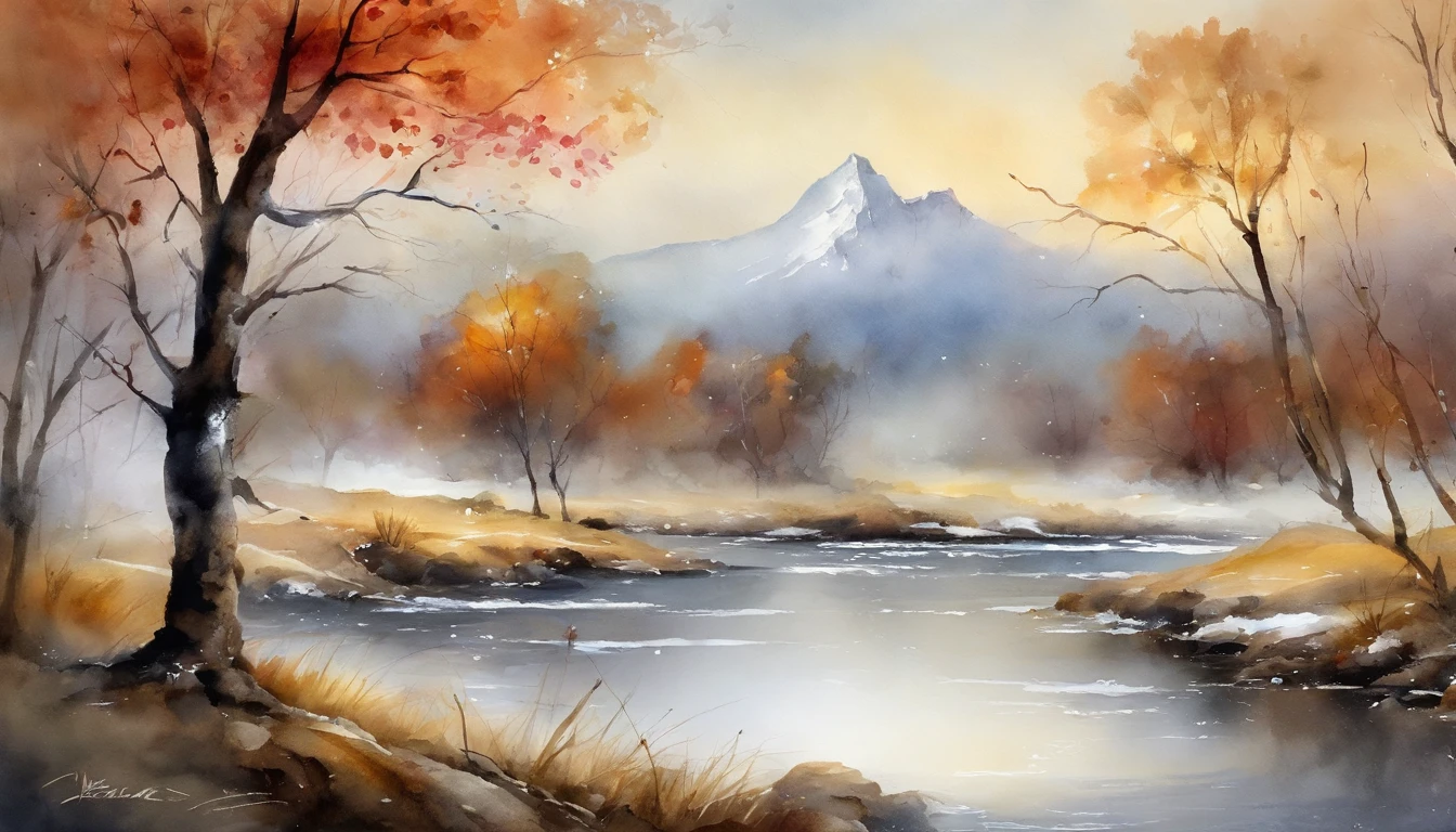 ink wash style,winter day、Maplewood、lakes、snow mountains、The tree、grassy fields、Rochas、hot onsen、hydrosphere、(illustratio:1.0)、Epic composition、Realistic lighting、high definition detail、tmasterpiece、Best quality,(非常详细的 CG 统一 8k 壁纸)