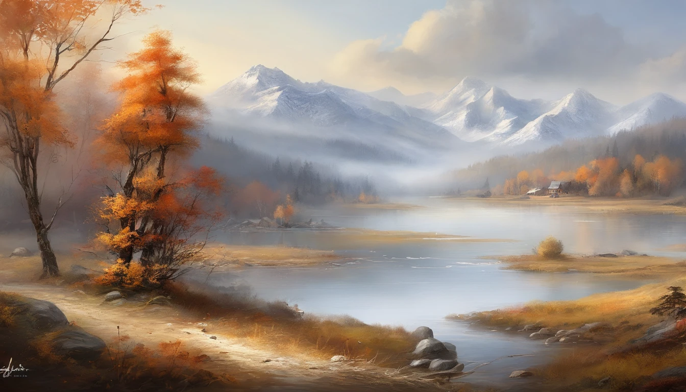 ink wash style,winter day、Maplewood、lakes、snow mountains、The tree、grassy fields、Rochas、hot onsen、hydrosphere、(illustratio:1.0)、Epic composition、Realistic lighting、high definition detail、tmasterpiece、Best quality,(非常详细的 CG 统一 8k 壁纸)