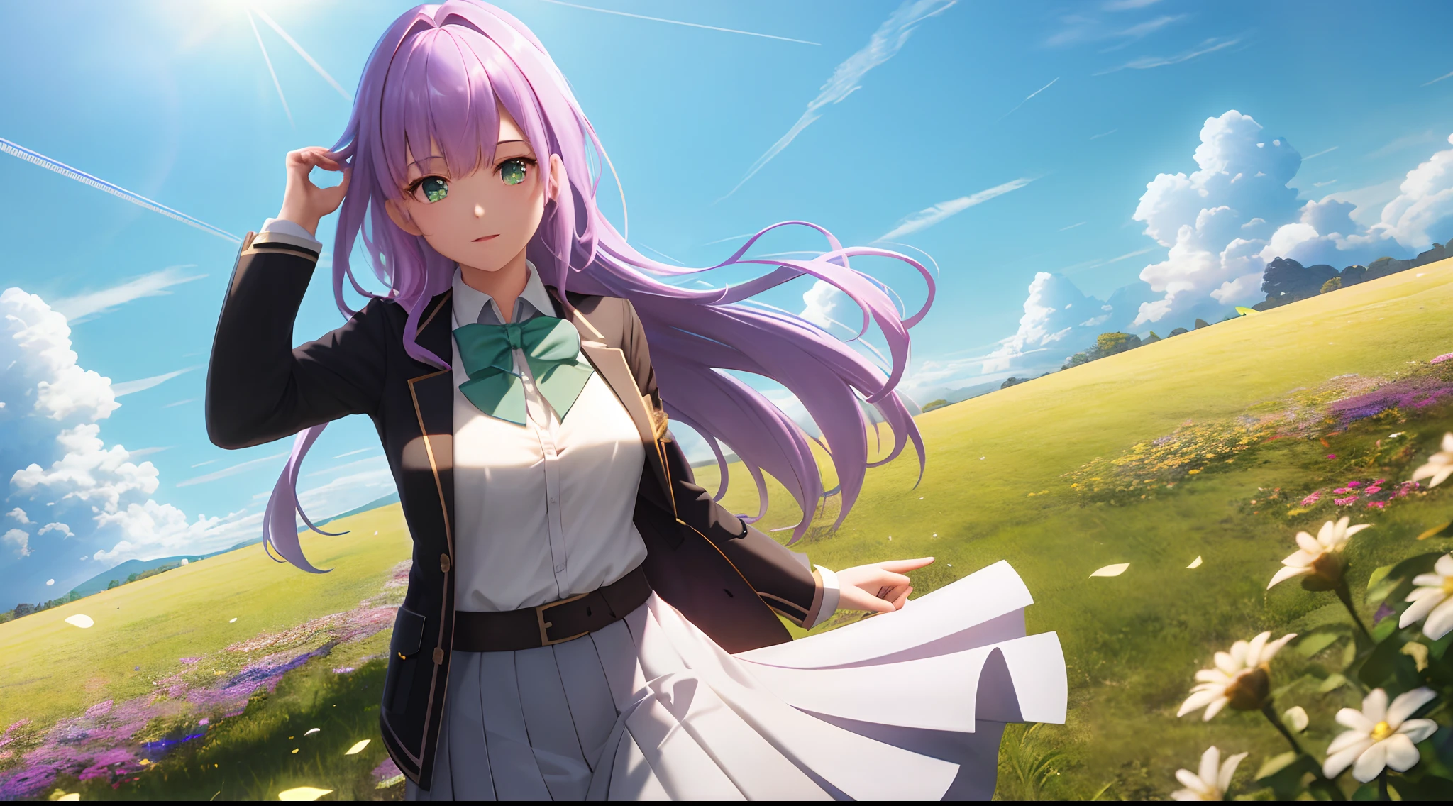 Athena with plain long light purple hair,hair between eyes,green eyes,rosy cheeks,full lips,thin eyebrows,slender body,wearing school coat and full long skirt,cute anime girl,full body,flowers field in background,anime style,Lumen Reflections,Screen Space Reflections,Diffraction Grading,Chromatic Aberration,GB Displacement,Scan Lines,Ray Traced,Anti-Aliasing,FXAA,TXAA,RTX,SSAO,Shaders,OpenGL-Shaders, GLSL-Shaders,Post Processing,Post-Production,cell Shading,Tone Mapping,CGI,VFX,SFX,insanely detailed and intricate, 4K,standing, solo, masterpiece, best quality, detailed face, detailed eyes, highres, standing, solo,masterpiece, best quality