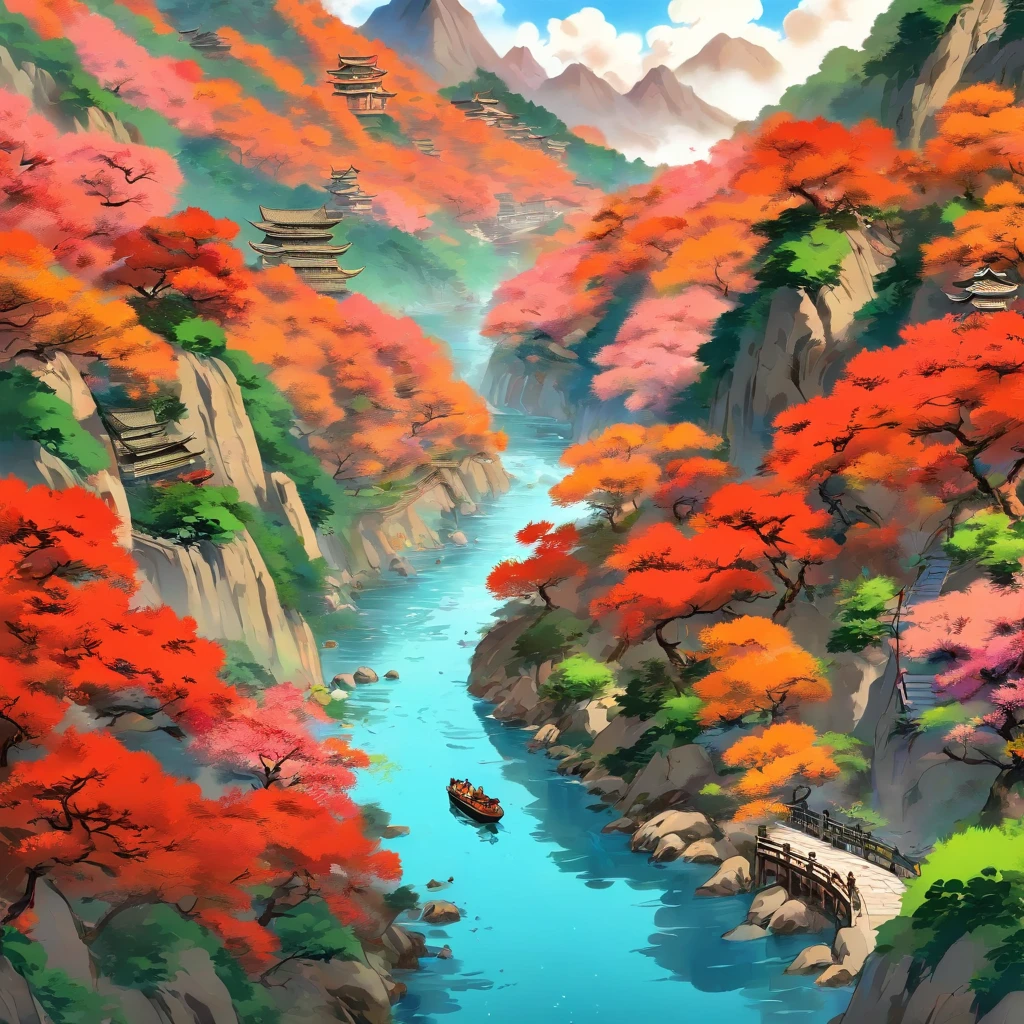 Winding mountain roads, Babbling water,  Bluestone path，wide wide shot, Qi Baishi,Xu Beihong，