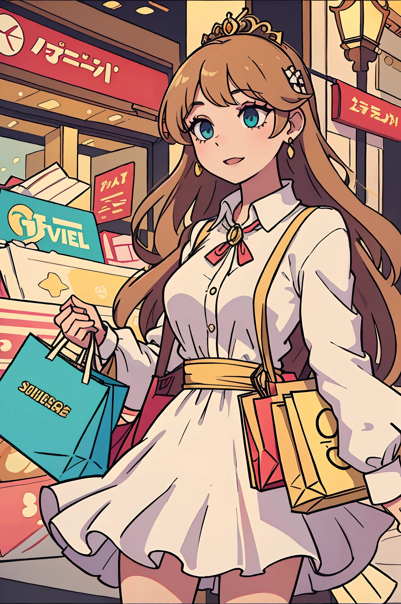 Create an illustration of a stylish princess who has just completed a shopping spree at a luxurious shopping mall. She stands near the mall's exit, holding numerous shopping bags filled with elegant clothing and accessories. The princess is adorned in a beautiful dress she just purchased, and she radiates with a sense of grace and glamour. This scene should capture the regal and fashionable essence of a princess after a successful shopping excursion.