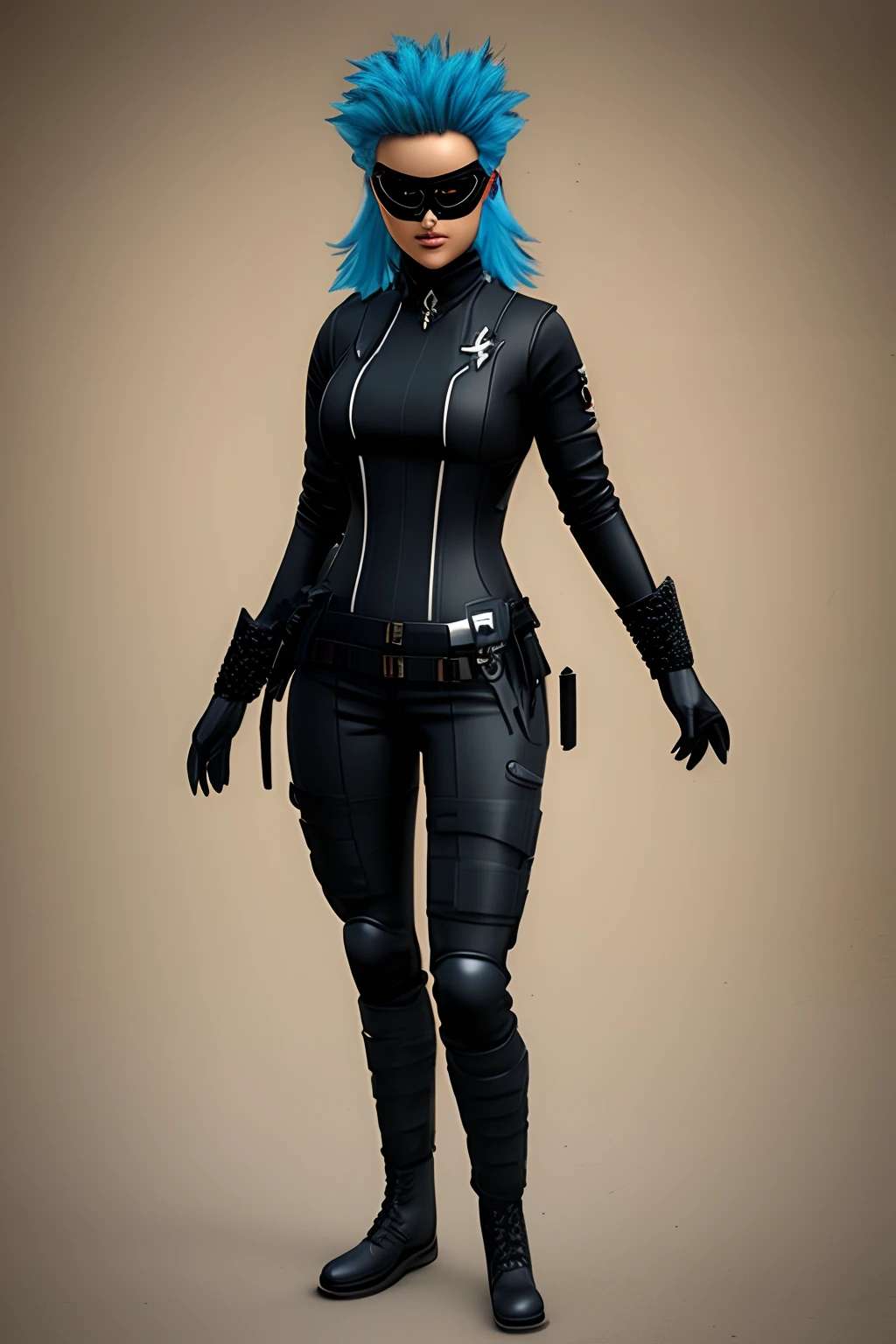 Female,bluehair,Blacksuit,Redeye,hyperBig chest,fullMask,Villain