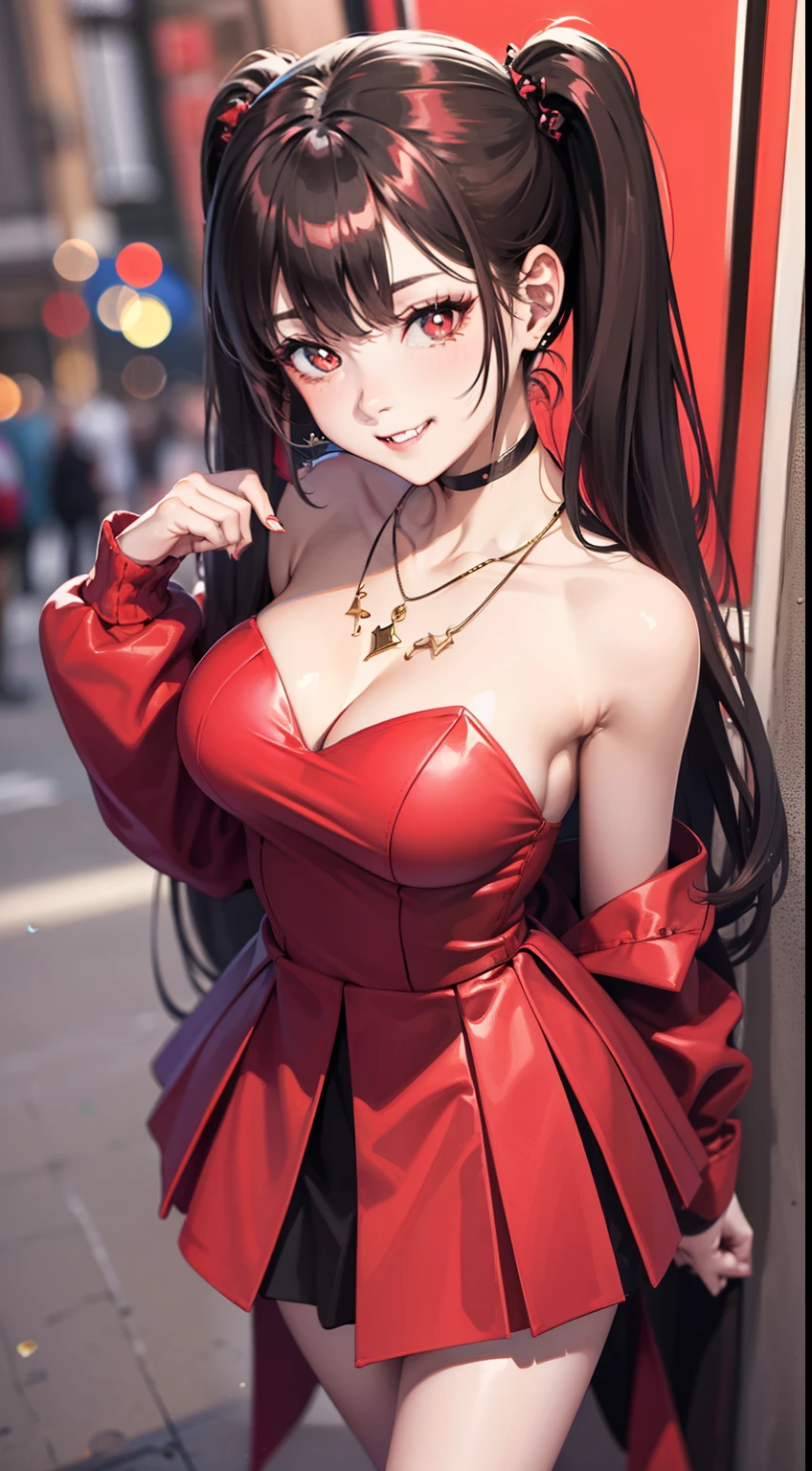 (Masterpiece, hiquality, hight resolution,Outstanding picture quality), (master study),(Crimson Theme :1.3) street,Simple Urban Background,blurred background,Warm light,Heart, [(whitebackground:1.2)::5],(From directly above:1.05),full - body, 
(1law:1.1),Mesugaki,独奏,鎖骨, necklace,ornament,(blusher:0.6), (The Heart of Ahoge:0.9),tease, (makeup:0.5), Medium breasts, (tilt of head:0.75),twintails,
bare shoulders, sparkly skin, Shiny hair,Long hair, Smile, fangs,slight smile, Upskirt, naughty face,(heart-shaped pupils,bright pupils:1.1),