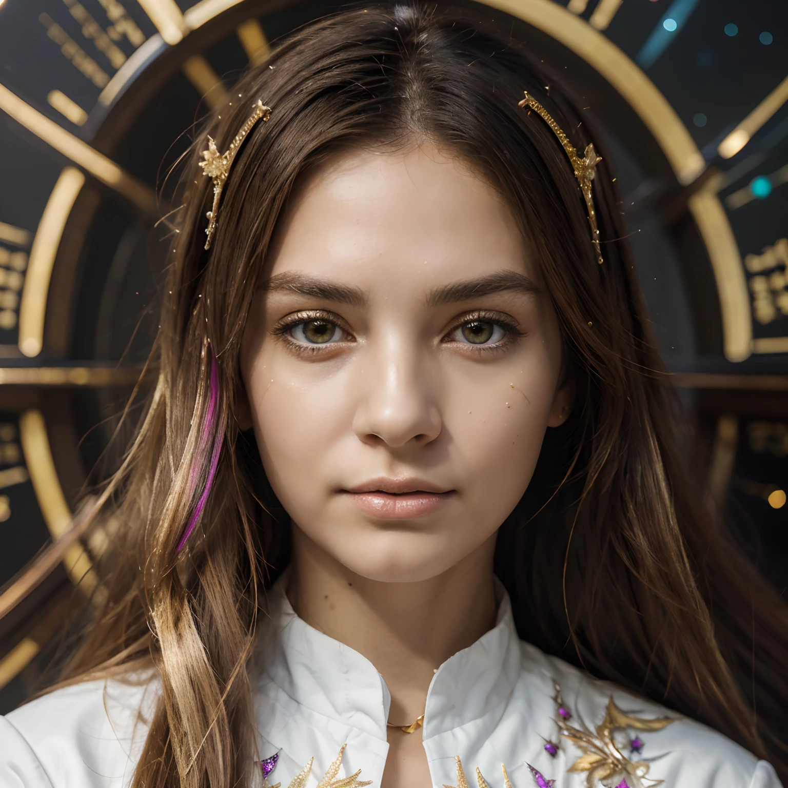 (Masterpiece, premier quality, Best quality, Art officiel, beautiful and aesthetic:1.2), (1fille), extremely detailed eyes, (Art fractal:1.3), colourfull, Most Detailed, (visage parfait), peau brillante, Hdr, (White coat gold lines:1.2), galaxie, (Light streaks), Des visuels saisissants, (Stries dynamiques, Sentiers lumineux:1.2), Vibrant colors, (phoenix), (dragon)