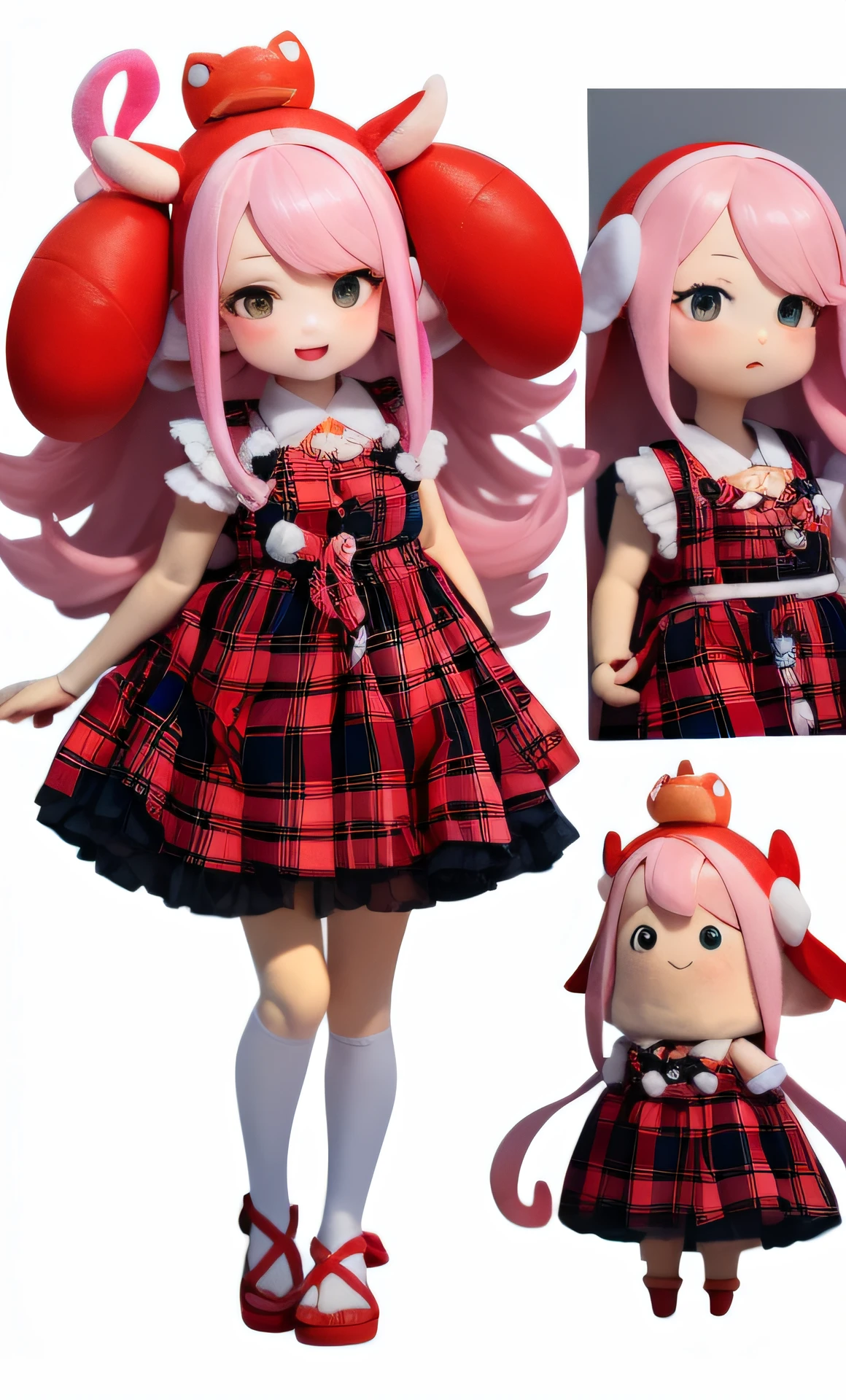 There is a plush doll with pink hair and a red dress, full body mascot, plush mascot, full body with costume, japanese mascot, cosplayer dressed like a crab, stuffed doll, a character based on a haggis, cooking a, madeline from celeste, headcrab, Costume, humanoid pink female squid girl, com mascot, a plush, full clothing