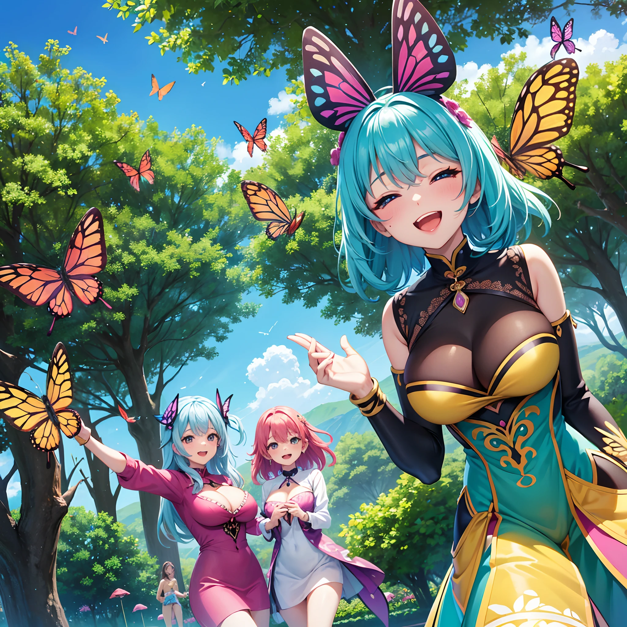 closeup of a group of sexy busty friends having fun, colourful fantasy island garden, otherworldly trees, colourful skies, playful mood, joyful activities, busy setting, vibrant scene, joy, fun, otherworldly charm, colorful butterflies flying around