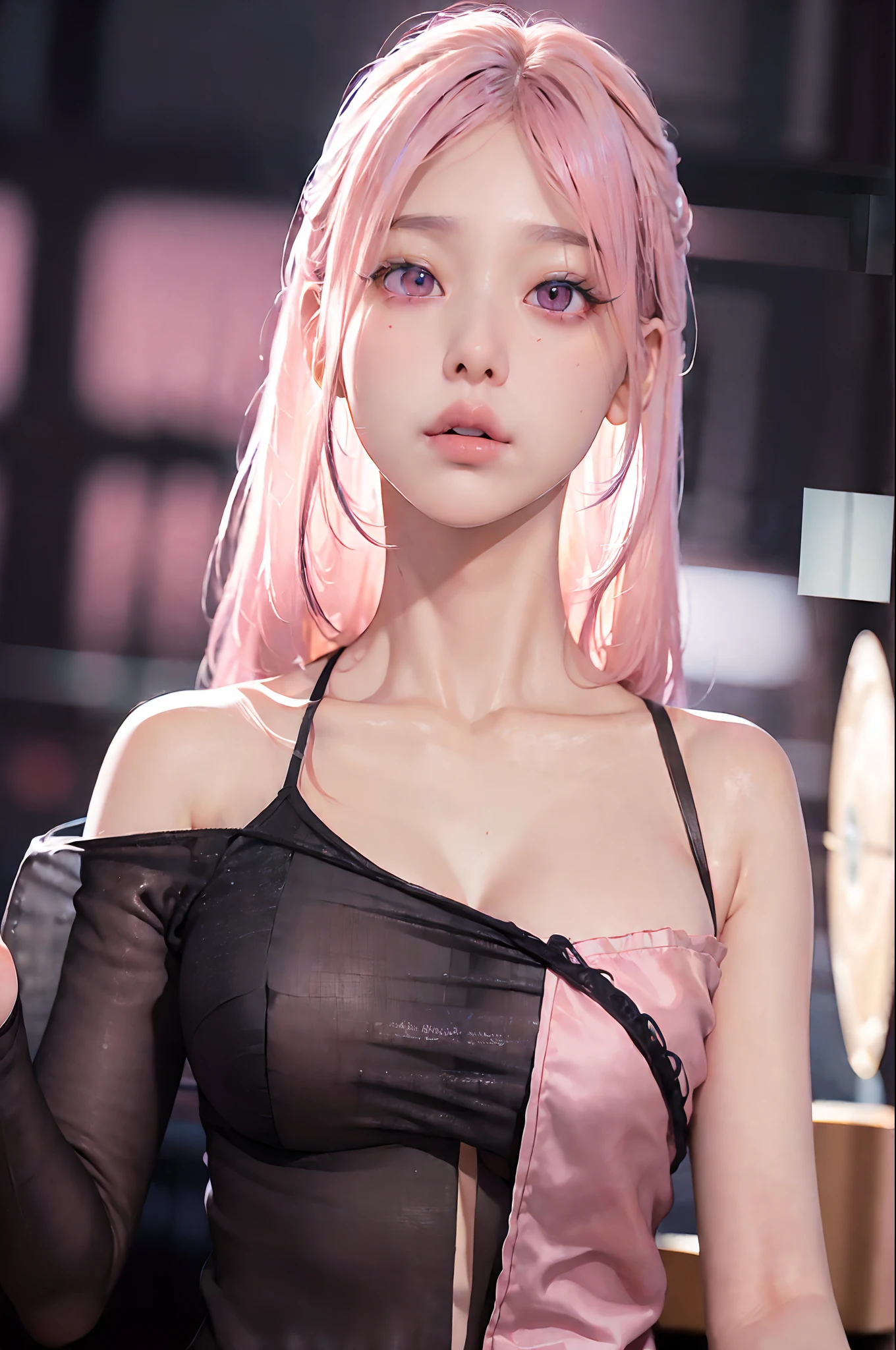 8k, best quality, realistic photos, realistic details, clear face, delicate facial features, real skin shine, a cute girl, shy, facing the camera, girl sitting in a bar in a gray fishnet sweater and tight denim, clear bar background, sea view, arms on bar counter, hips, slim body, big breasts, 24 years old, charming, seductive eyes