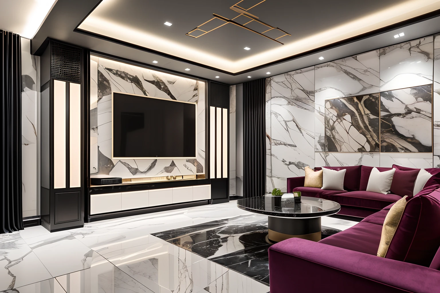 Interior Design, Karaoke Room, 65-inch TV, Colorful lighting, Modern simplicity, Red sofa, Marble wall panel, Black marble floor, (Masterpiece),(High Quality), Best Quality, Real,(realisitic), A highly detailed, (full detail),(4k),moderno, vista