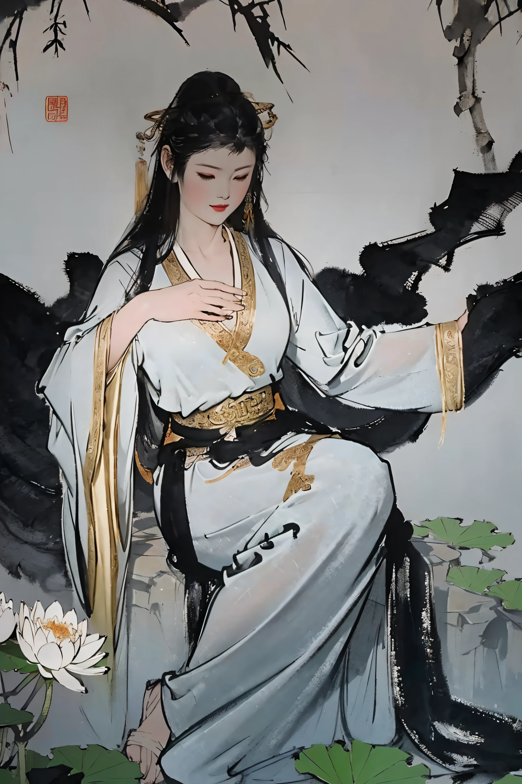 Guanyin, Chinese goddess of mercy meditating, in a long white robe, praying, Chinese ink painting, (masterpiece), (best quality), 1girl, at a lake, sitting on a large lotus flower