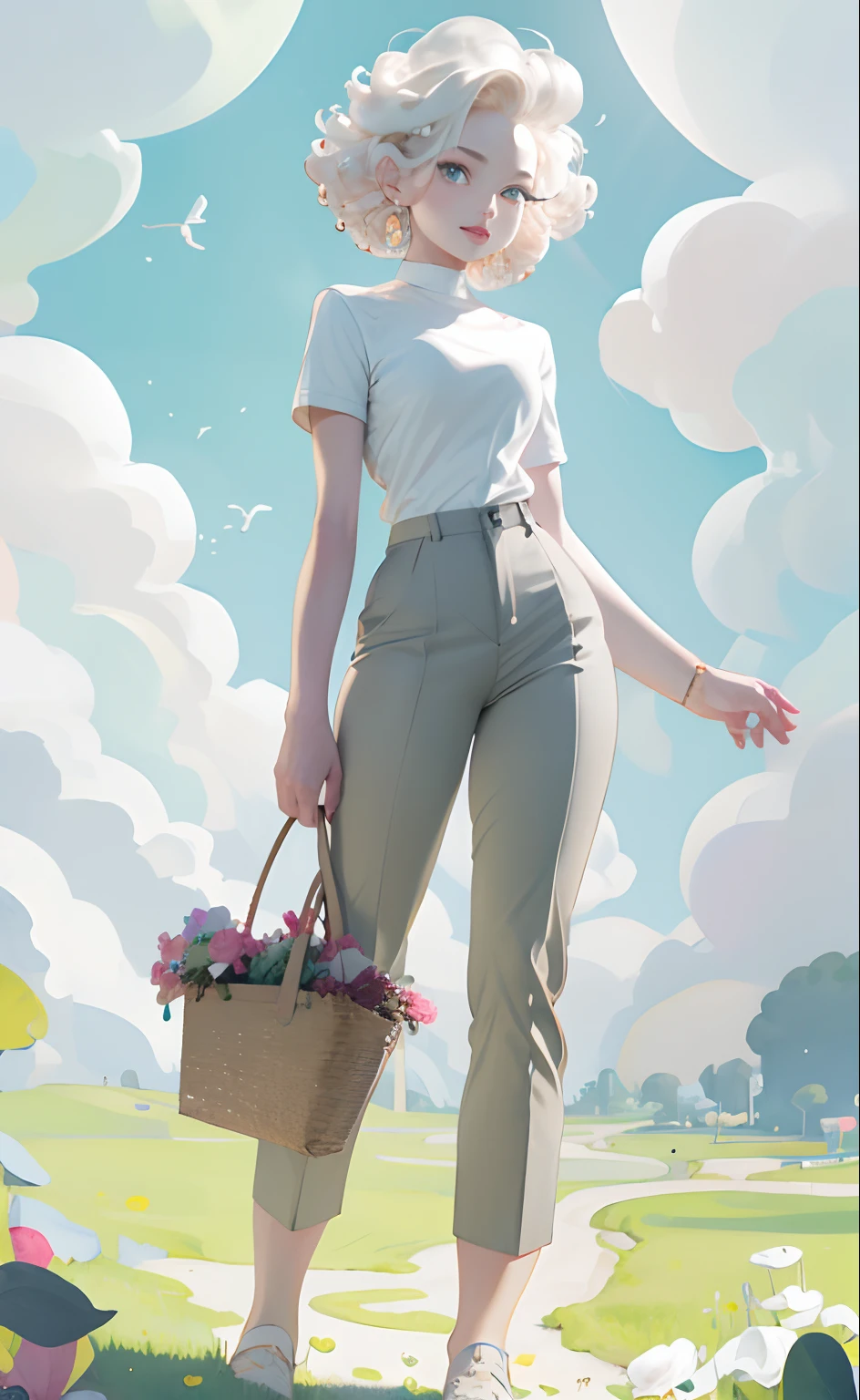masterpiece, best quality, 1girl, short curly hair, platinum blonde hair, shirt, trousers, fluffy clouds, bright, vibrant, happy