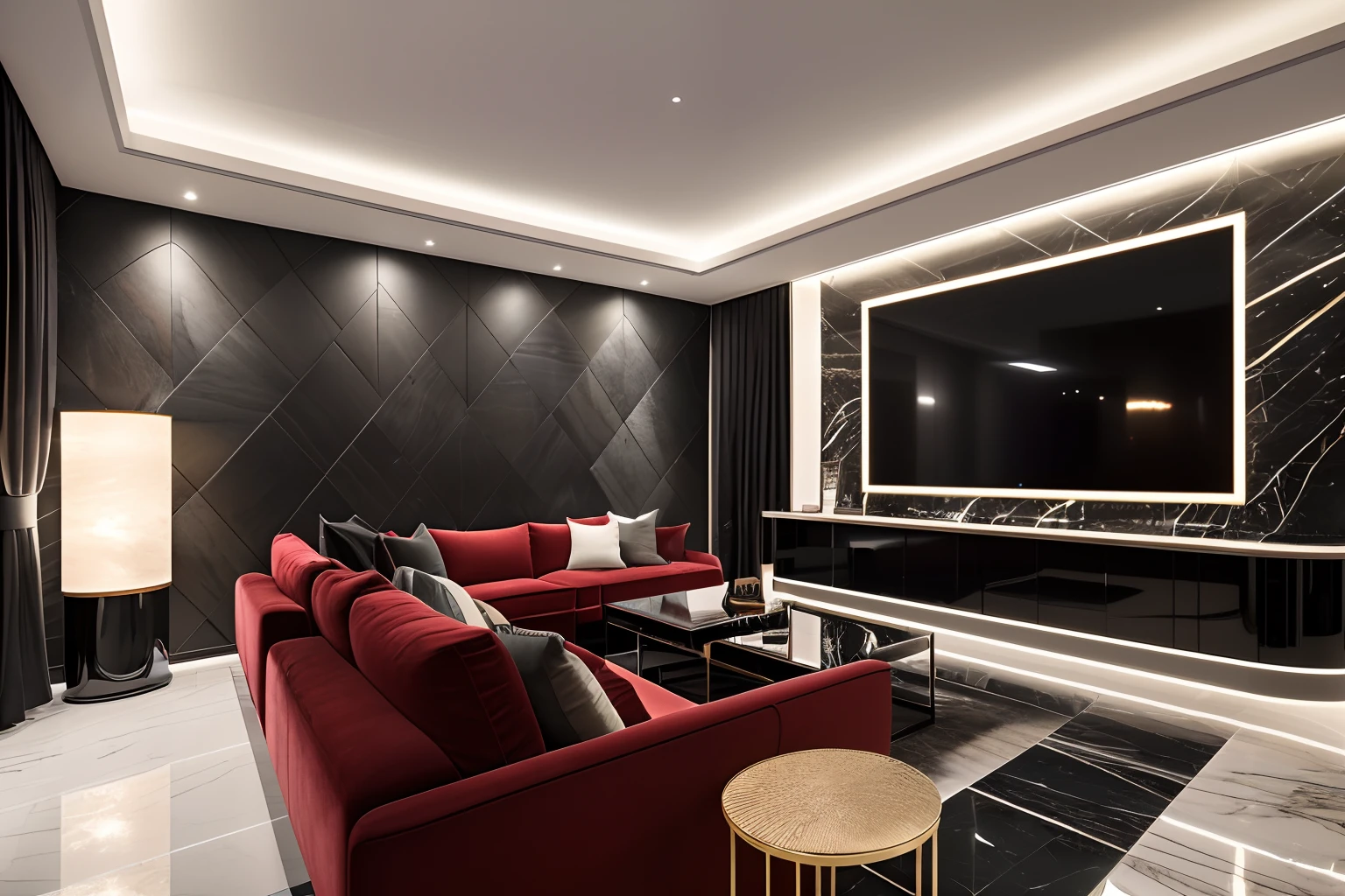 Interior Design, Karaoke Room, 65-inch TV, Colorful lighting, Modern simplicity, Red sofa, Marble wall panel, Black marble floor, (Masterpiece),(High Quality), Best Quality, Real,(realisitic), A highly detailed, (full detail),(4k),moderno, vista