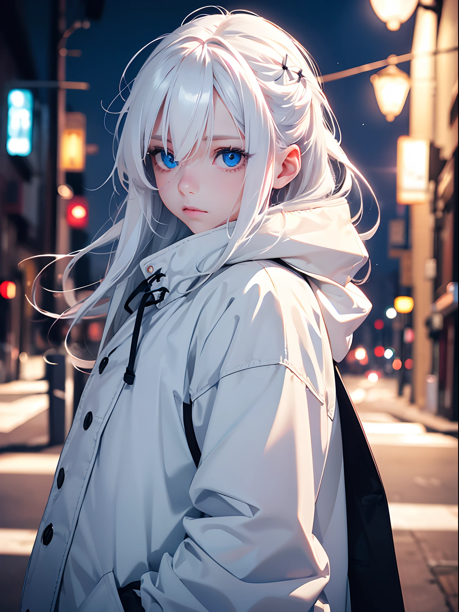 1girl,Albino, cute, white hair, blonde hair, beautiful, long hair, blue eyes, wearing a parka jacket, hair with a ribbon,night light ((8k, UHD, ultra realistic))