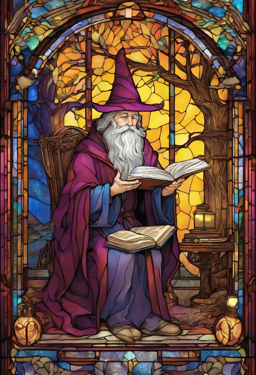 39. A wise old wizard reads an ancient tome by candlelight in a library carved out of a huge tree. Tolkien-esque magical atmosphere.