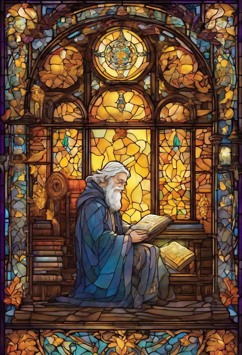 39. A wise old wizard reads an ancient tome by candlelight in a library carved out of a huge tree. Tolkien-esque magical atmosphere.