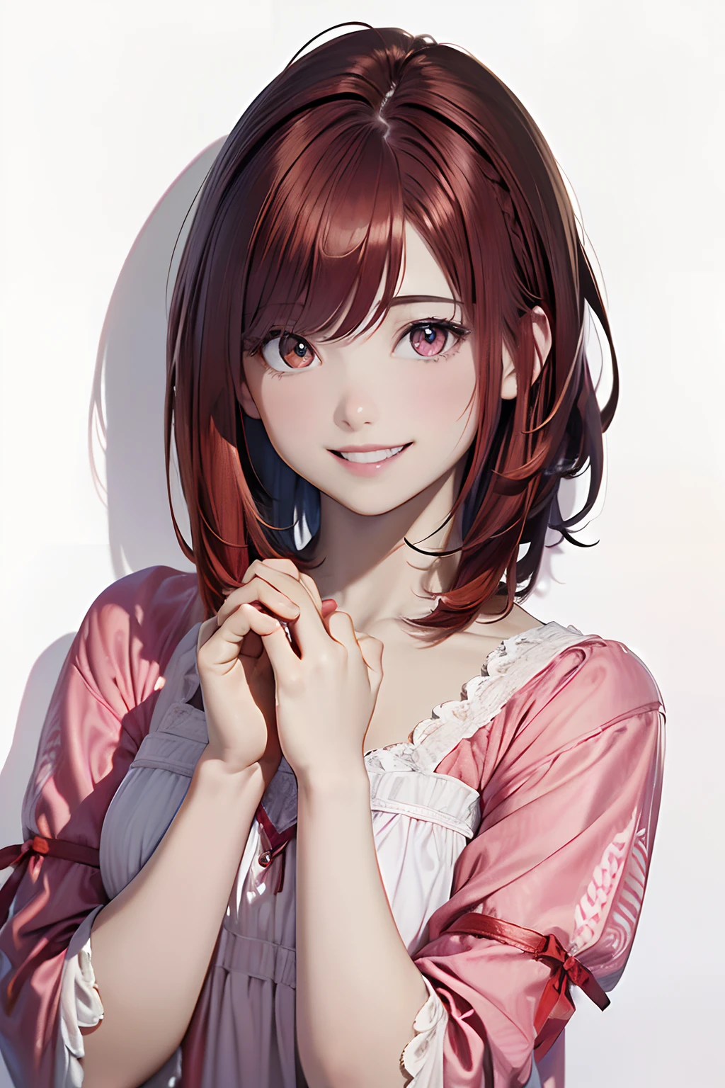 (Best Quality, 8K, Oil Painting, masutepiece:1.2), Ultra-detailed, (Realistic, Photorealistic:1.37), (((FULL BODYSHOT)))、Vibrant colors, (((A smile)))、(((Black and pink nightgown)))、(((Girly Nightgown)))、(((20Women of a certain age)))、(((Slightly visible chest)))、Studio Lighting, (((red hairs)))、(((Shoulder-length bob hair)))、((( White background))), (((showing white teeth)))、(((Girly Hairstyles)))、(((bobhair)))、(((In front of a white wall)))、(((hands clapped)))、(((Nothing on the top of the head)))、