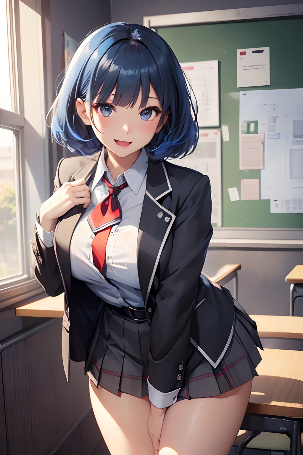 (top-quality、in 8K、32K、masterpiece、nffsw、超A high resolution、Impresionismo、Photorealsitic:1.2)、Colossal tits、cowboy shot, detailed faces and eyes、 Inside the classroom、Schools、Evening glow、beauitful face、blurry backround、-yeld beiful girl、shinny skin、short-hair、Beautiful blue hair、Blunt bangs、Black eyes、(Katyusha:1.2)、Open black blazer、White blouse、Red checked tie、Grey check pleated miniskirt、Curve、Stand on one knee、(I can see panties:1.2)、Smile with open mouth、Opening legs