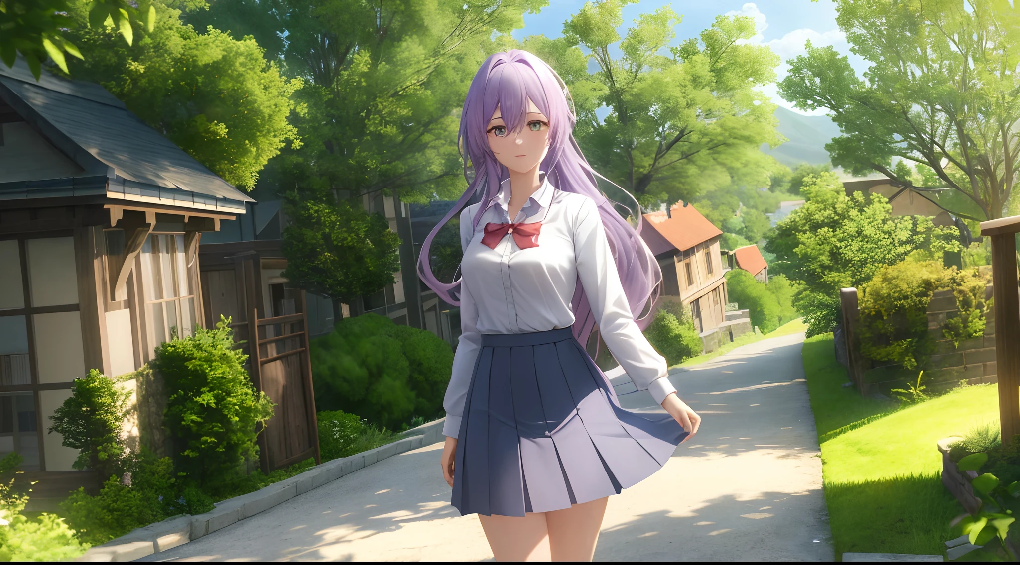 Athena with plain long light purple hair,hair between eyes,green eyes,rosy cheeks,full lips,thin eyebrows,slender body,wearing school coat and full long skirt,cute anime girl,full body,village street in background,anime style,Lumen Reflections,Screen Space Reflections,Diffraction Grading,Chromatic Aberration,GB Displacement,Scan Lines,Ray Traced,Anti-Aliasing,FXAA,TXAA,RTX,SSAO,Shaders,OpenGL-Shaders, GLSL-Shaders,Post Processing,Post-Production,cell Shading,Tone Mapping,CGI,VFX,SFX,insanely detailed and intricate, 4K,standing, solo, masterpiece, best quality, detailed face, detailed eyes, highres, standing, solo,masterpiece, best quality