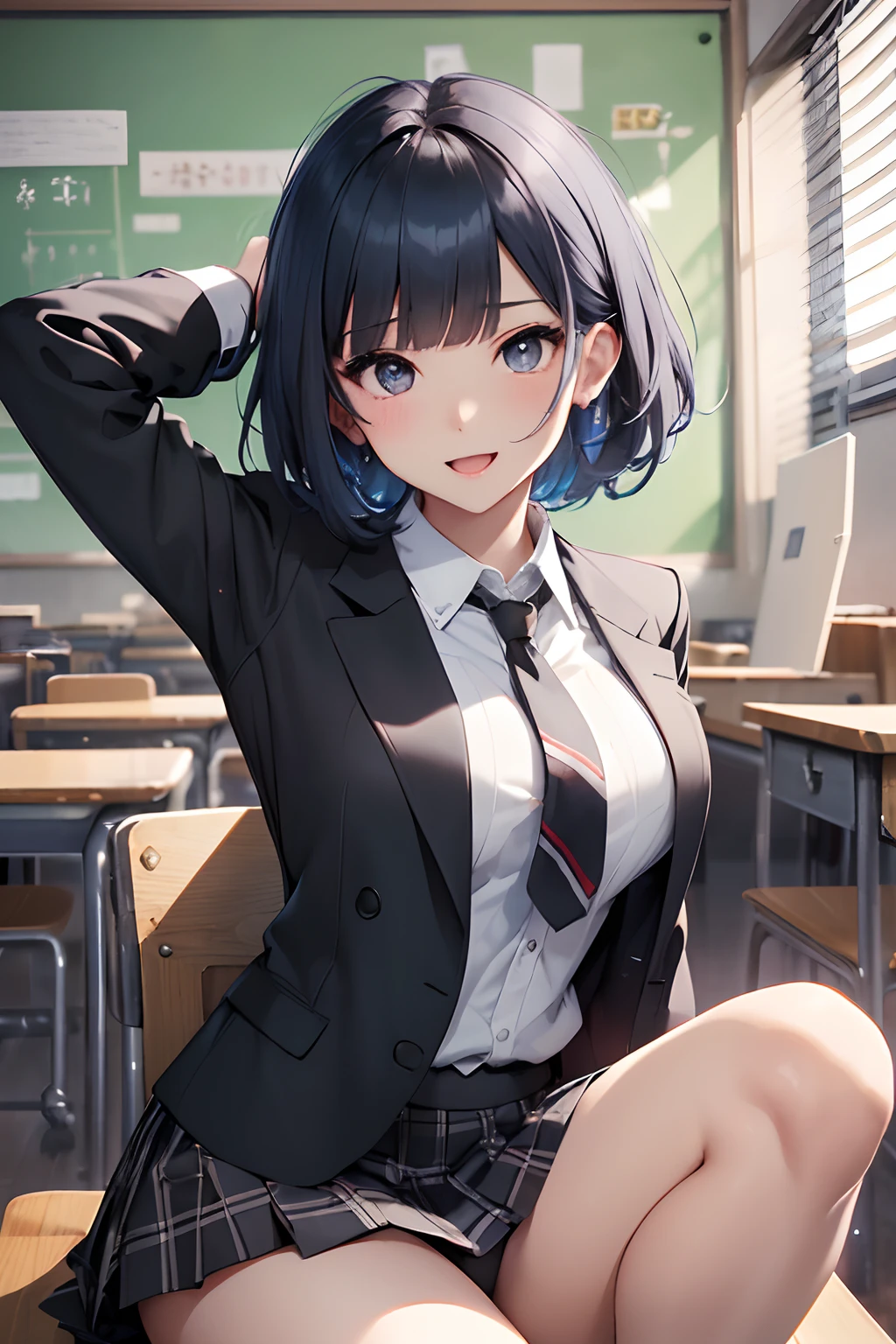 (top-quality、in 8K、32K、masterpiece、nffsw、超A high resolution、Impresionismo、Photorealsitic:1.2)、Colossal tits、cowboy shot, detailed faces and eyes、 Inside the classroom、Schools、Evening glow、beauitful face、blurry backround、-yeld beiful girl、shinny skin、short-hair、Beautiful blue hair、Blunt bangs、Black eyes、(Katyusha:1.2)、Open black blazer、White blouse、Red checked tie、Grey check pleated miniskirt、Curve、Stand on one knee、(I can see panties:1.2)、Smile with open mouth、Opening legs
