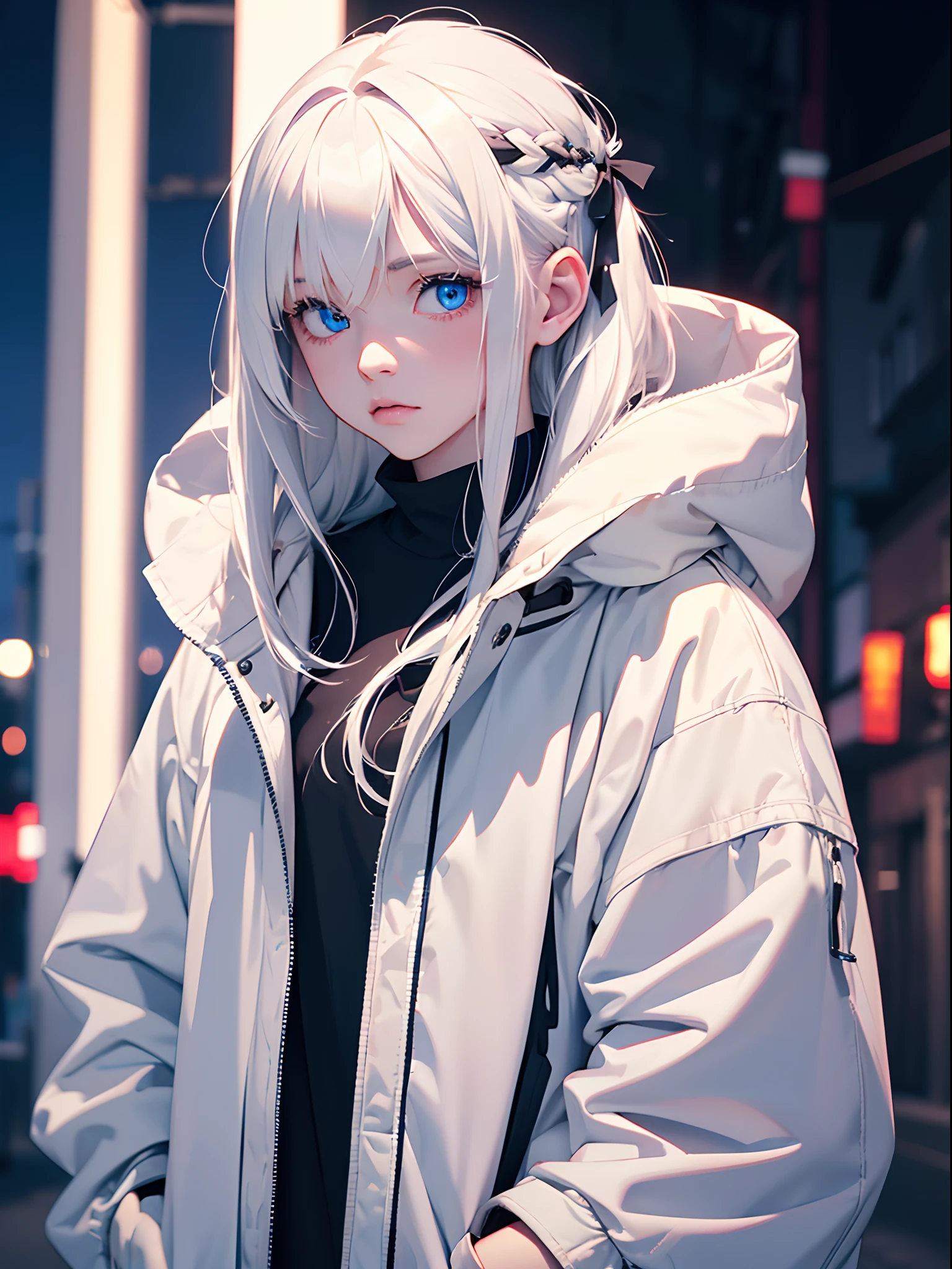 Anime girl with white hair and blue eyes in a white jacket - SeaArt AI