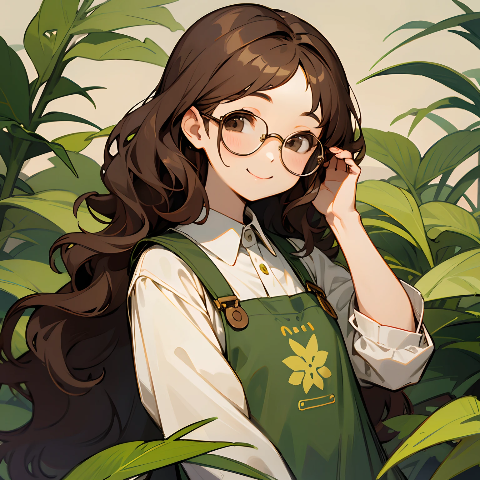 Brown wavy hair、Woman with glasses、a plant、pinafore、a smile