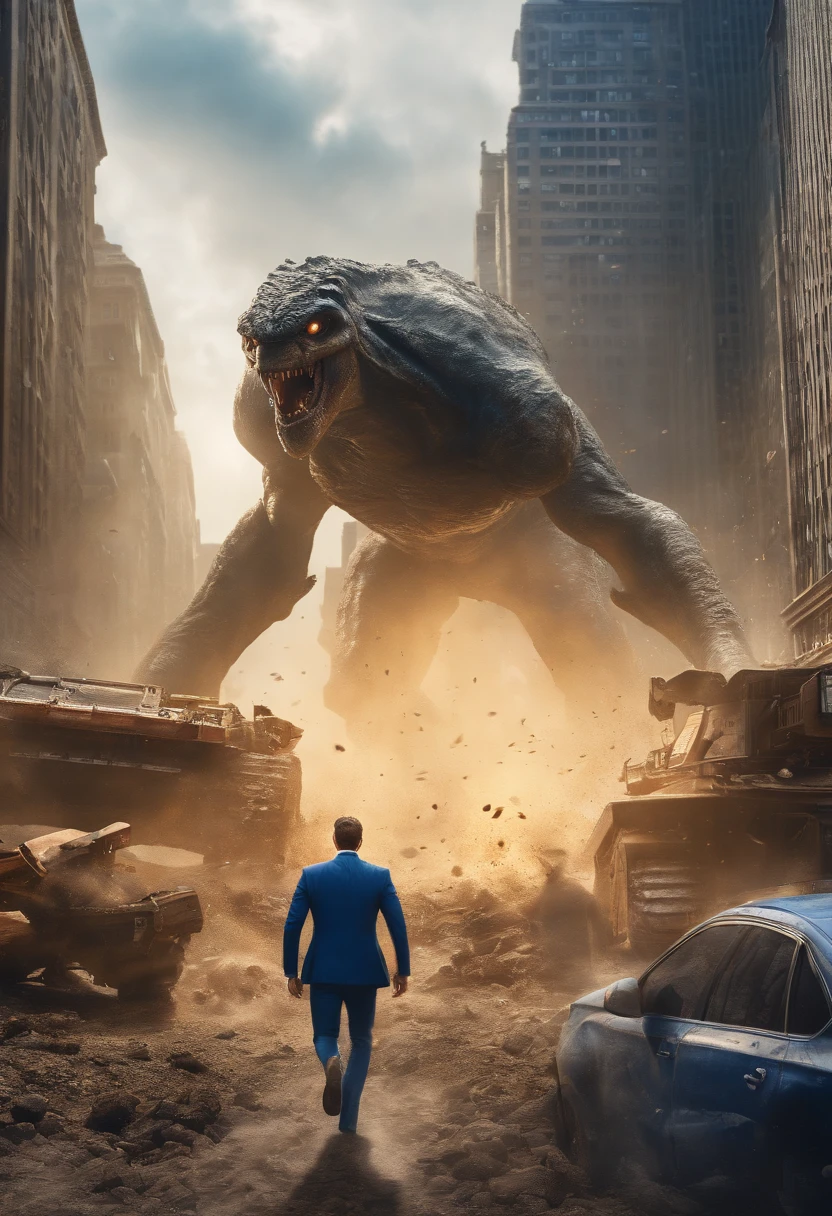 (high quality,4k,8k,highres,masterpiece:1.2),ultra-detailed,(realistic,photorealistic,photo-realistic:1.37),giant mud monster destroying a city,aliens fighting the monster,broken robots on the ground,man in a blue suit running away,monster in the center of the image,image lying down,UFOs