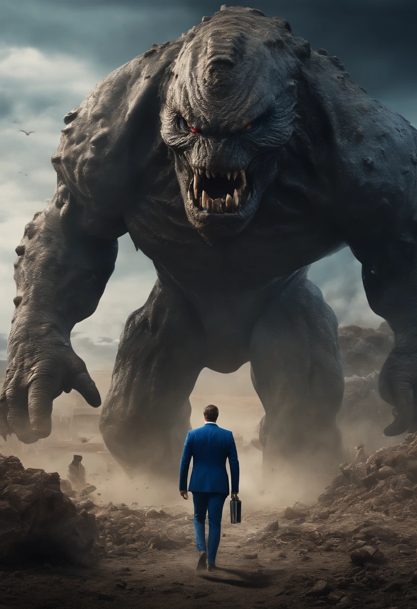 (high quality,4k,8k,highres,masterpiece:1.2),ultra-detailed,(realistic,photorealistic,photo-realistic:1.37),giant mud monster destroying a city,aliens fighting the monster,broken robots on the ground,man in a blue suit running away,monster in the center of the image,image lying down,UFOs