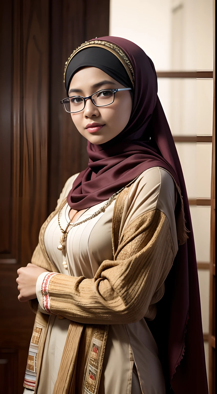 cowboy_shot,(iu:0.8),cleavage, RAW, Best quality, high resolution, Masterpiece: 1.3, Beautiful glasses pearl_skinned sexy hijabi javanese wearing tribal, Masterpiece, Soft smile