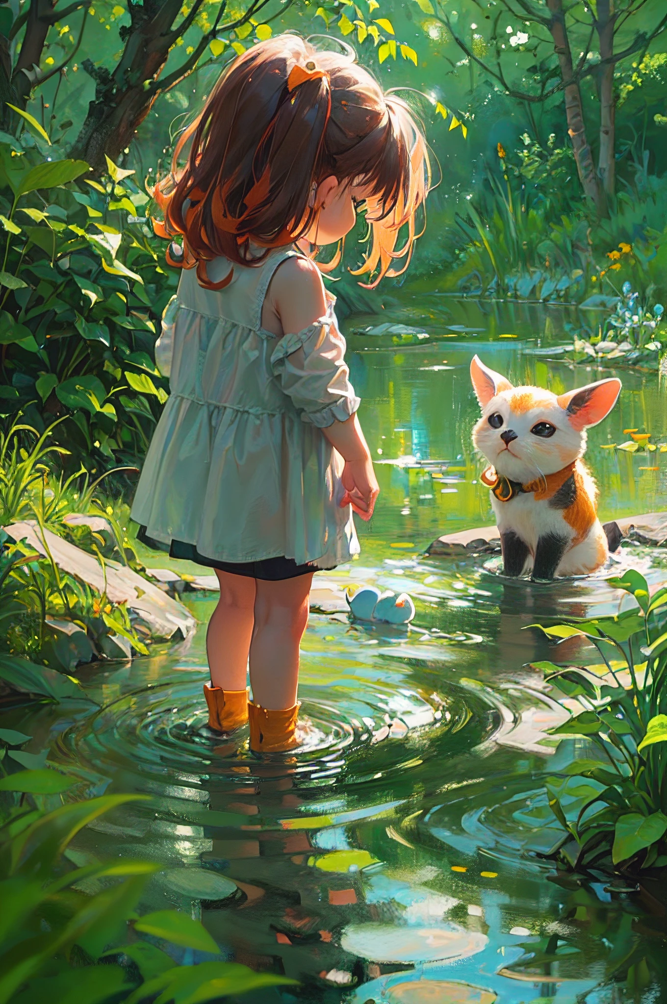 A -year girlaying in the creek with her small animal friends.(4 year old gishort orange bob haircut)(contemporary art like a picture book )(flat oil painting)(simplified)(low saturation)(outline in crayon)(many margins)(less is more)