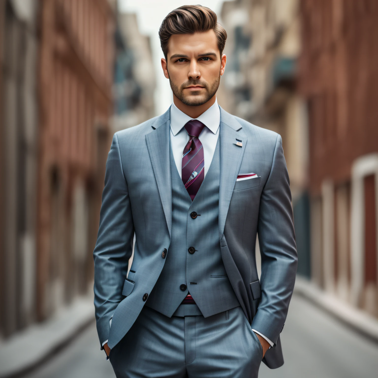 a Man standing with 30 years in suit and tie, body and head straight in the photo, facing the viewer of the photo, eyes fixed to the lens, appears shoulders and head in the photo, man centered in the photo, 8k, best quality, masterpiece, realistic, realistic photo, movie photo, ultra realistic, 1 person, detailed, perfect lighting, DSRL, professional photo, 4k