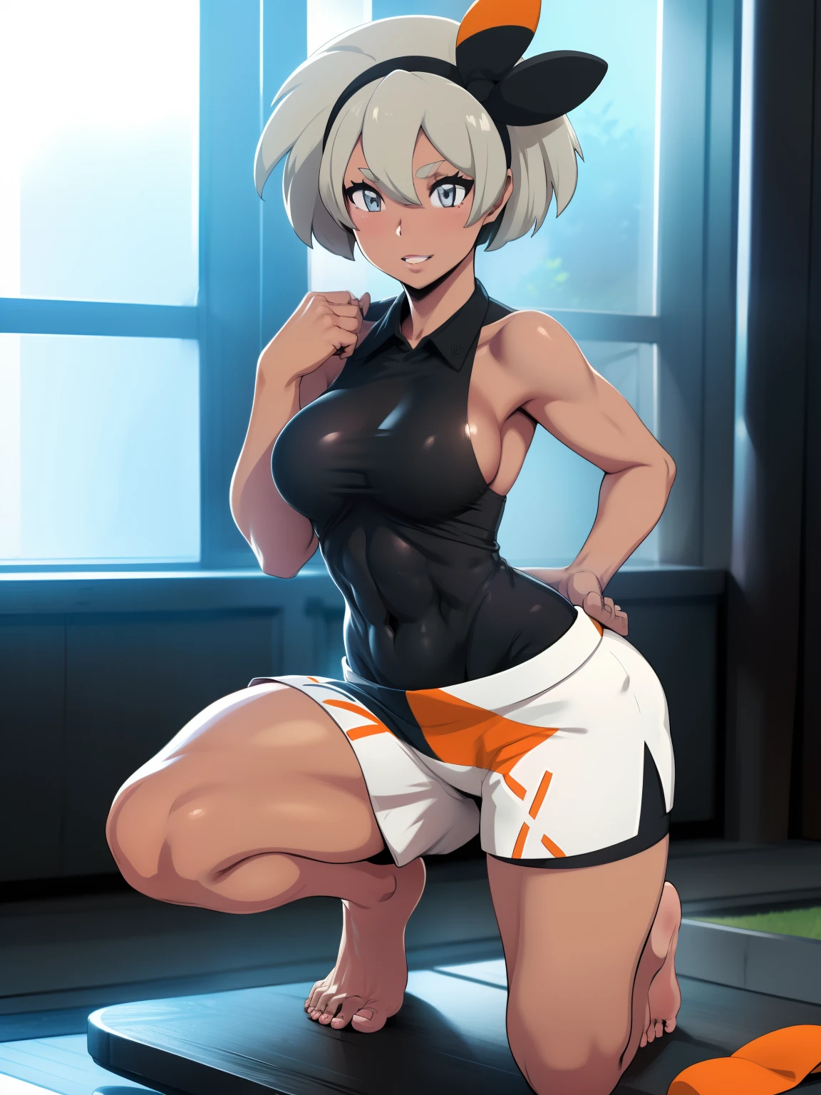 ((Bea pokemon)), (masterpiece:1.2, best quality), realistic, (real picture, intricate details, depth of field), ((1girl:1.2)), parted lips, highly-detailed, gorgeous perfect face, (skindentation), tanned skin, thick thighs, (wide hips), average waist, tall, ((short white hairs)), headband, beautiful grey eyes, blushing, looking at viewer, confident smile, toned body, inside gym, ((white shorts)), (skintight black shirt), bare arms, sideboob, large breasts, ((full body)), bare legs, bare feet,