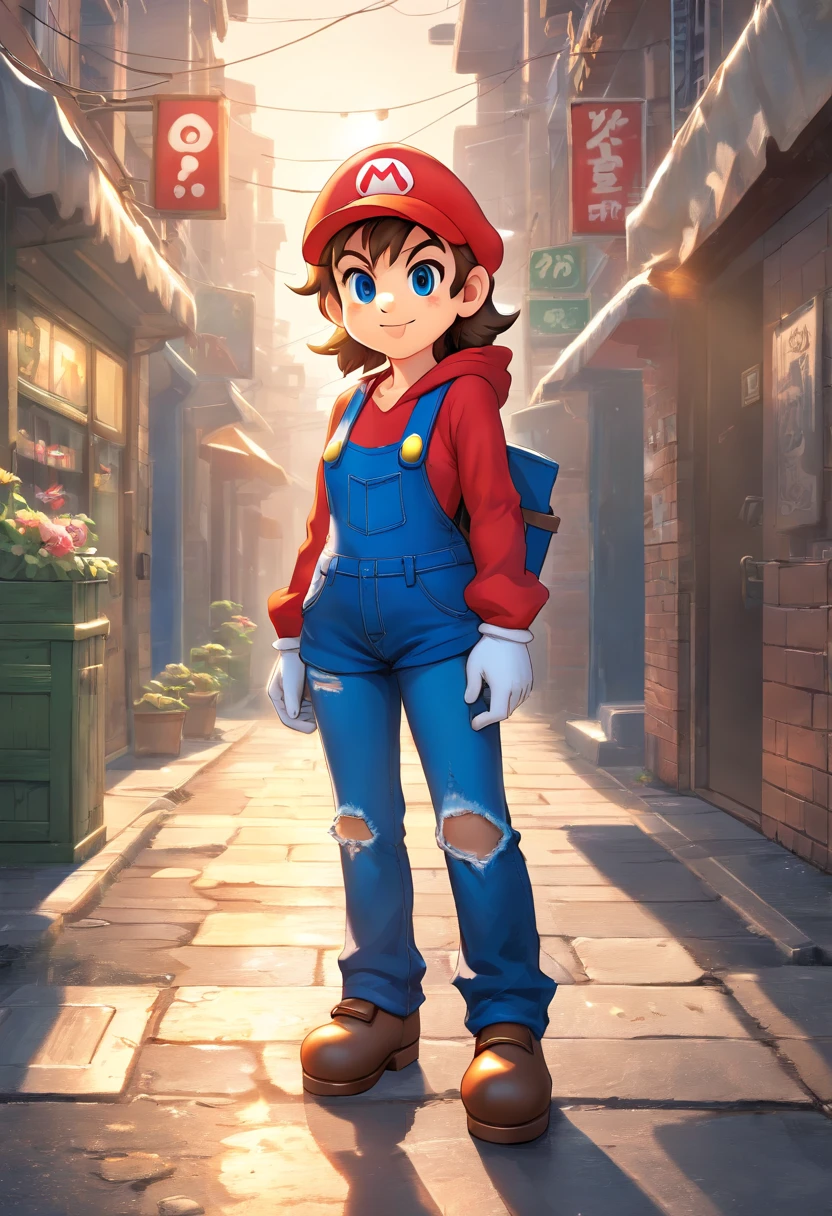 ((Super mario)), wearing a hoodie, graphic t-shirt and torn jeans, Vector art background, highly detailed background, perfect masterpiece, high quality, high resolution, happy face,