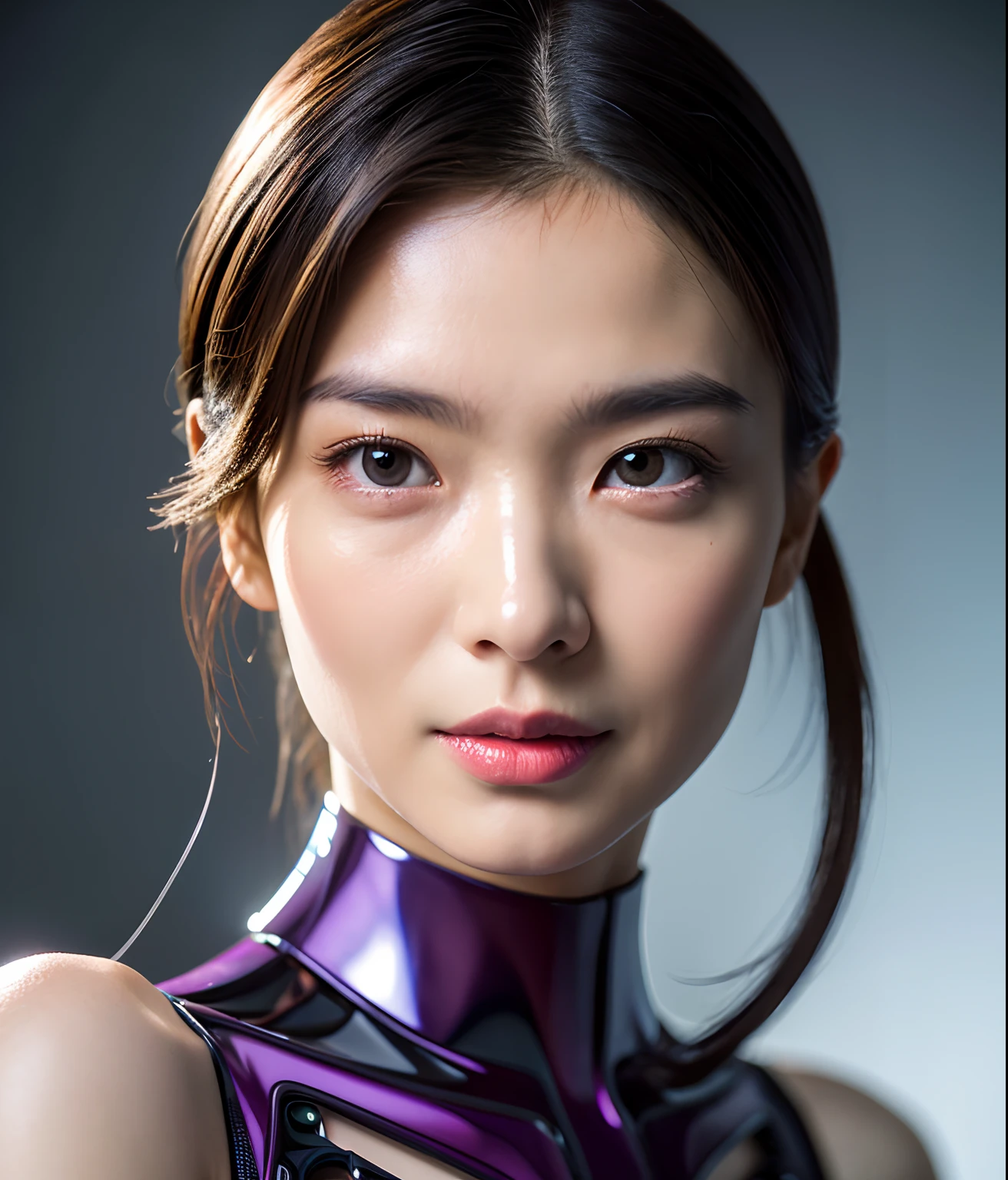 complex 3d render ultra detailed of a beautiful porcelain profile woman android face, cyborgs, roboticparts, 150mm, beautiful studio soft light, Rim Light, vibrant detail, luxuriouscyberpunk, Lace, hyper realisitic, Anatomical, face muscles, cable electric wires, microchips, Elegant, Beautiful background, Octane Render, h. r. Giger style, 8K, Best Quality, masutepiece, Illustration, extremely delicate and beautiful, Extremely detailed ,nffsw ,Unity ,Wallpaper, (Realistic, Photorealsitic:1.37),amazing, finely detail, masutepiece,Best Quality,Official art, Highly detailed ticker Unity 8k wallpaper, absurderes, unbelievable Ridiculous,  机器人, Silver Halmet, Full body, slenderbody、Purple body、Full body erotic、Photograph the whole body