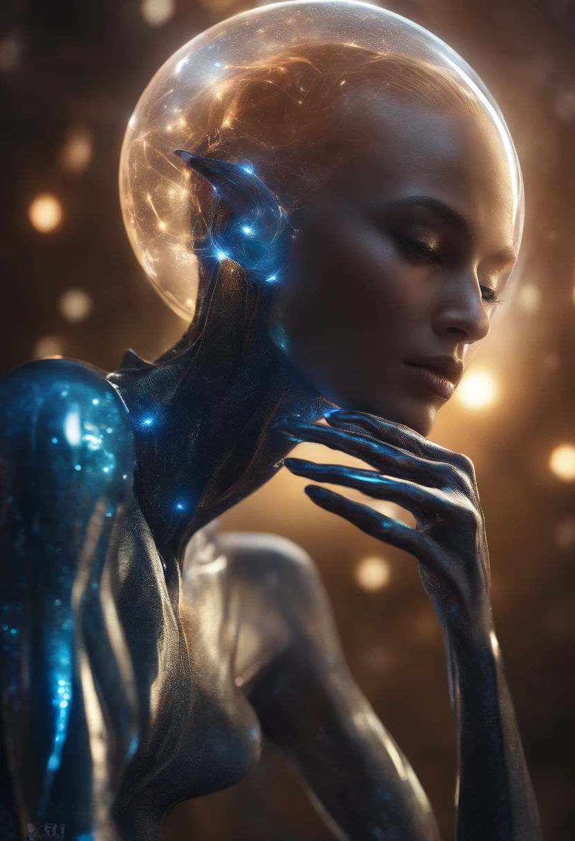 fantchar, a translucent ethereal alien with delicate features in a science fiction setting, brilhando por dentro, Sparks and lights, luar, lua, Close-up, Realistic, altamente detalhado, intrincado