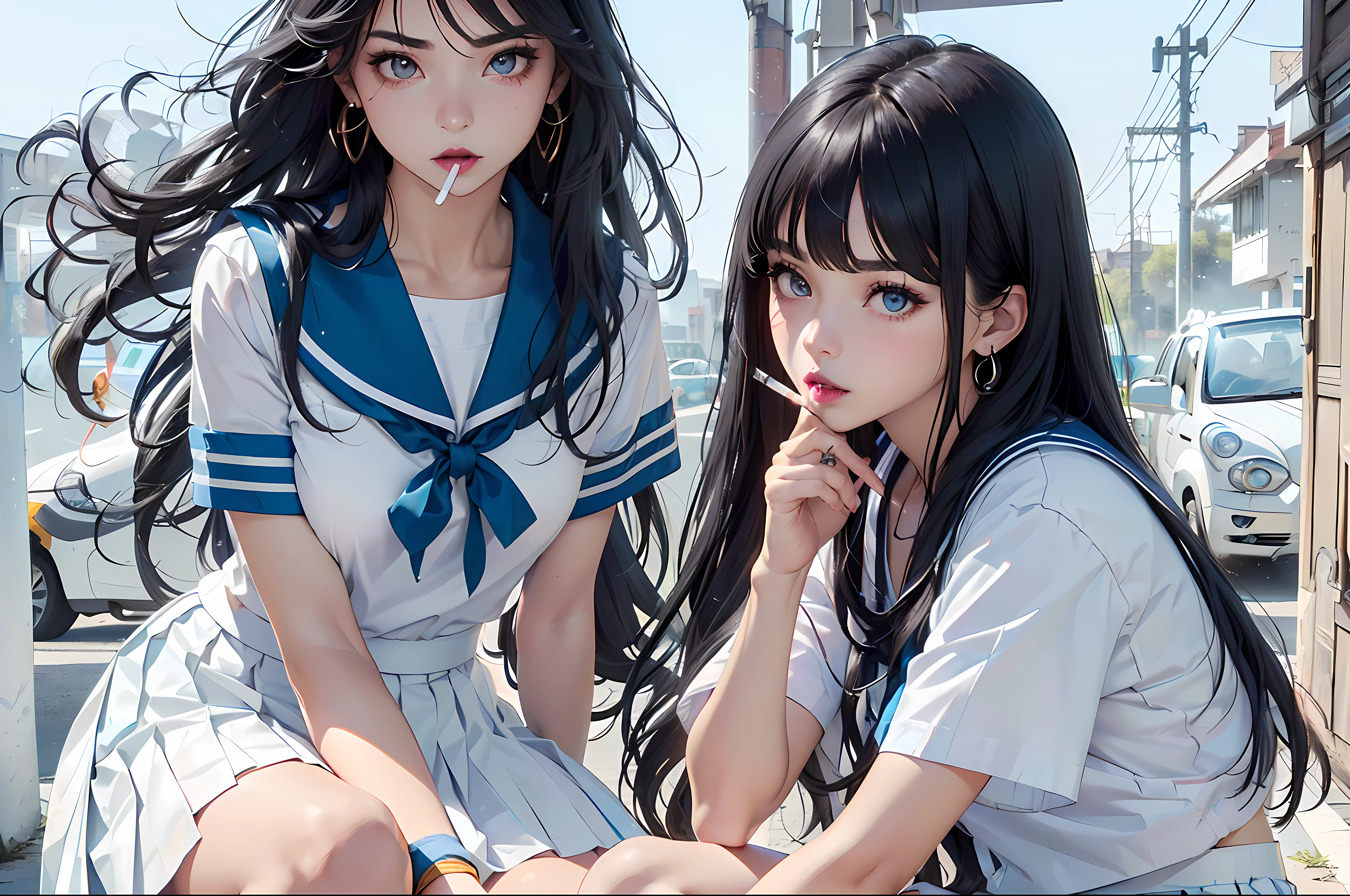 (master piece:1.4),Hypal Quality, Hyper Detailed,Perfect drawing,。.。.。.。.3D,16K illustrations、(((clearface)))、Hi-Res、1 persons、femele、(((Knees wide open)))、(((Crouching)))、(((Cigarettes in the mouth)))、Asian、(((Long Black Hair)))、bangss、(((Whitening skin)))、(((Pure white lipstick)))、((eyeshadows:1.3))、Raised corners of the eyes、(((Outrage:1.2)))、((Pull the chin))、(((squinted)))、((Kamimei:1.3)),((glares:1.4))、((half-opened mouth))、((Wrinkles between the eyebrows))、(numerous piercings in the ears)、(((Breakdown)))、(((White sailor suit)))、(White theme:1.3), (Fusion of white sundress and white uniform:1.4), ((White pleated skirt, long skirt of white color,,,,,,,):1.5), (White shirt with blue sailor collar:1.4), (Short sleeve: 1.2), (Light blue ribbon:1.3), (White skirt with blue line:1.2), ((White Buggy Socks:1.3, lowfers):1.2),(((White pleated skirt,Maxi skirt:1.3)))、A lot of thin rings on the wrist、80shair、Slums、Detailed drawing、Perfect Photo、Shot diagonally from above