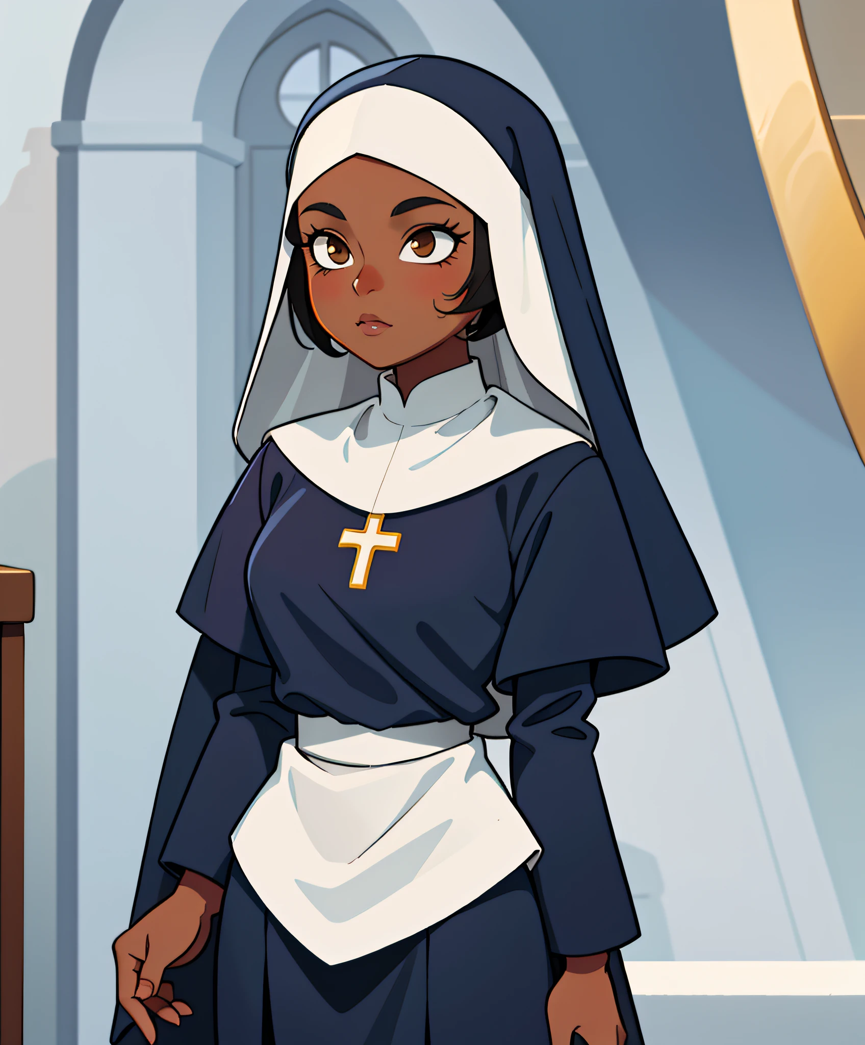 dark skinned woman wearing a nun outfit, anime aesthetic, beautiful, lovely, contrasting colors, polished image, art of Albert Lynch and Adam Hughes