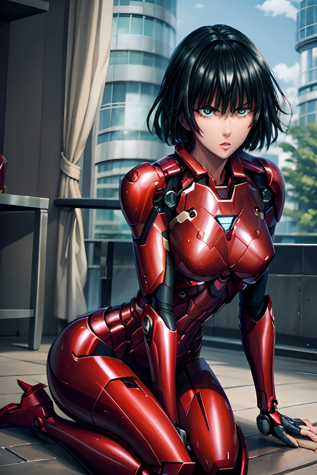 Highest quality　8k full body red armor　Iron Man Suit Girl　　Sweaty face　Cute Smile　short hair　boyish　Steam coming from the head　My hair is wet with sweat　Black Hair