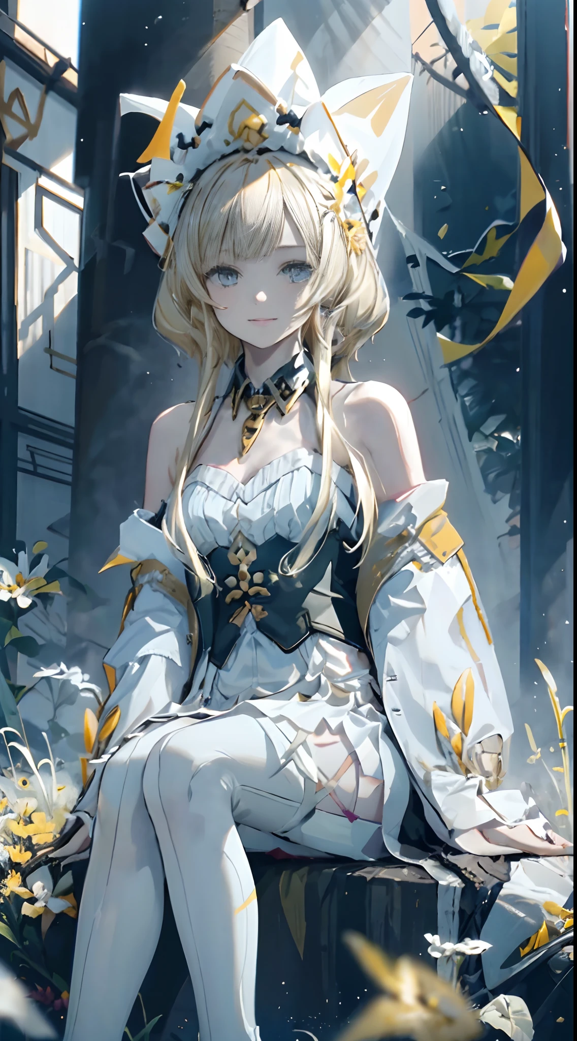 1girll,sandrone， Blonde hair, Light smile, Hat,(((Sitting))),exteriors，flower  field，(((Facial features of the Savanna Blade)))，((Yellow high heels))，(((white stockings)))