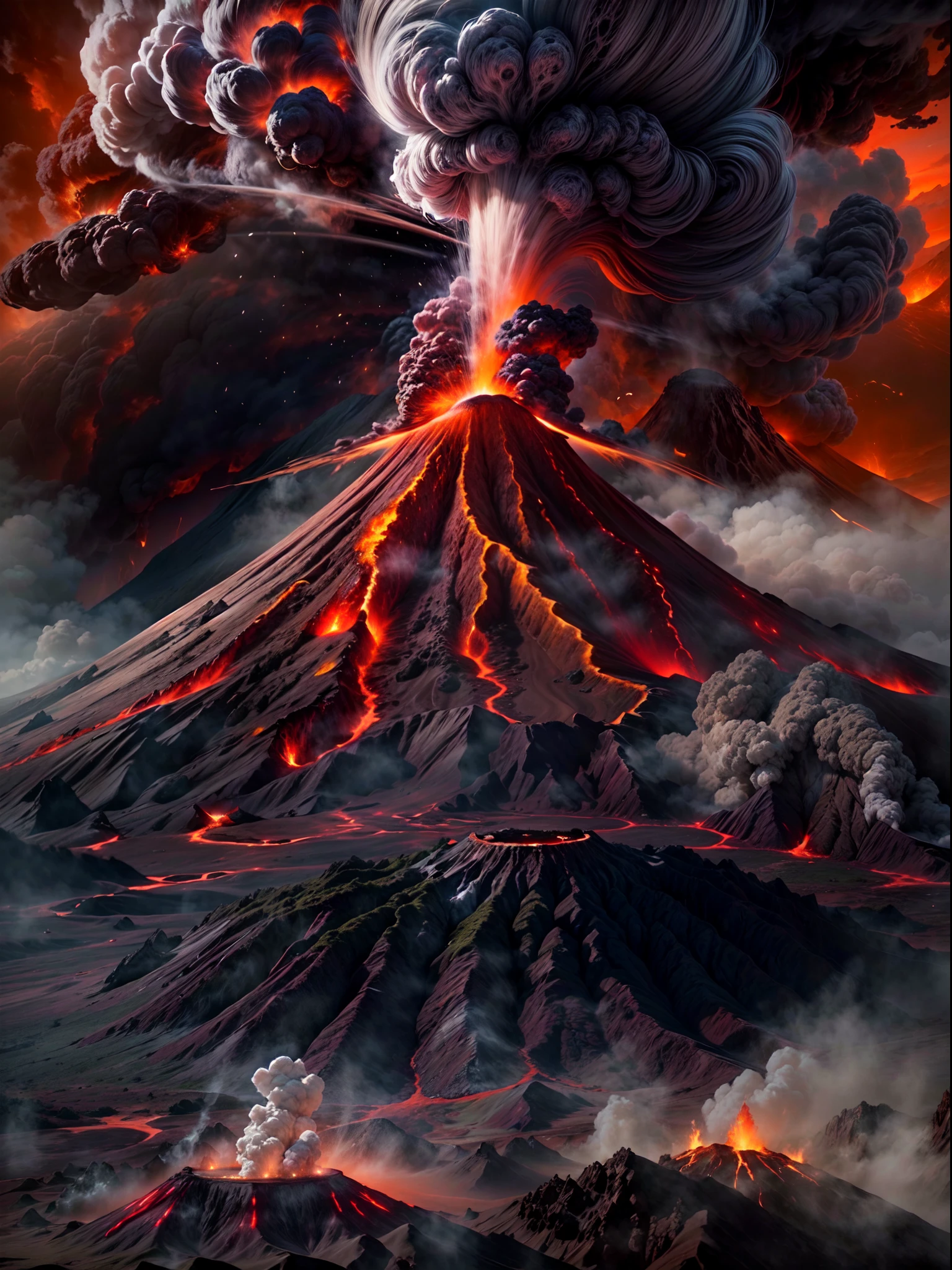 (Best quality,4K,8K,A high resolution,Masterpiece:1.2), Ultra detailed, (Realistic,Photorealistic,photo-realistic:1.37), Giant volcanoes，a volcano erupts，Erupting red volcanic lava：1.37，dense smoke，Cloud，Red volcanic rock