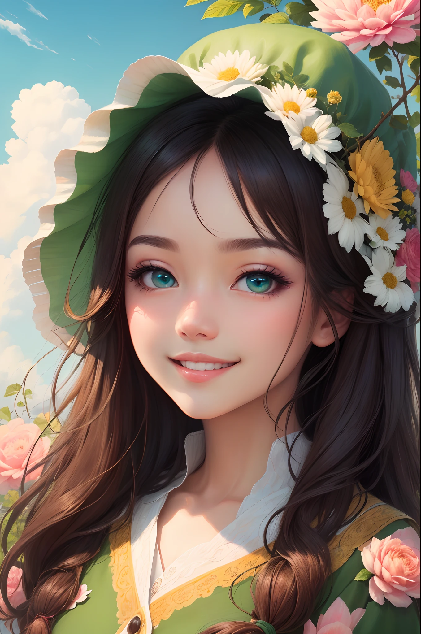 MKSKS, masterpiece, best quality, illustration, close up, straightforward, facial focus, smile, colorful, flowers, green sky, cloud sky, girl with beautiful eyes,