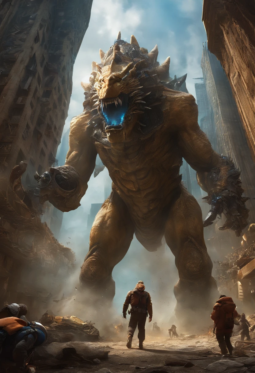 Monstro gigante feito de lama destruindo uma cidade, Aliens fighting the monster, Broken robots on the ground, um homem de terno azul fugindo, monstro no centro da imagem, imagem deitada, ovinis voando, melhor qualidade.